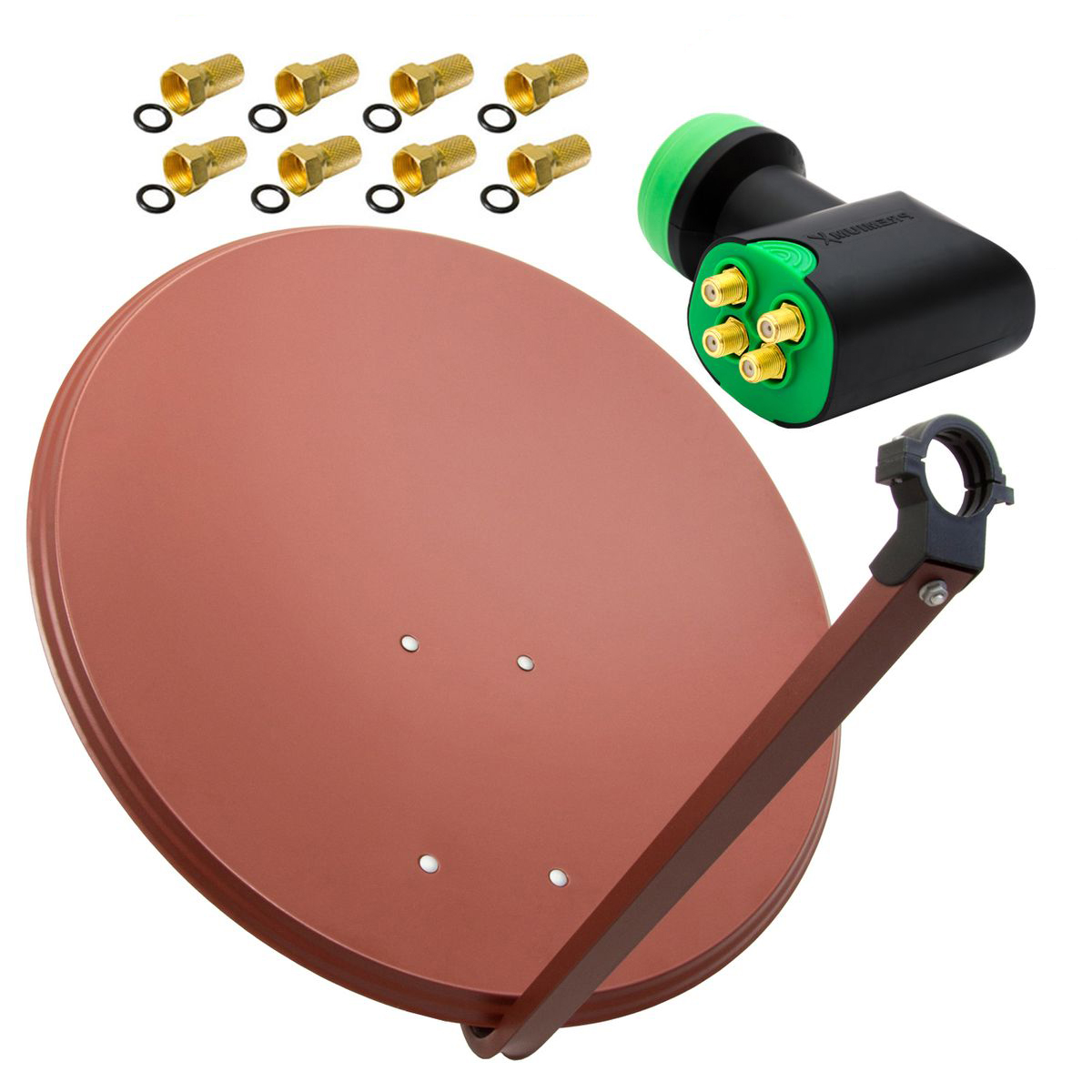 Braune Satellitenschüssel mit Zubehör. Enthält ein grünes und schwarzes LNB und goldene Anschlüsse.