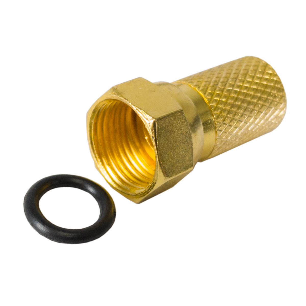 Ein goldfarbener F-Stecker mit einem Gummiring, isoliert auf weißem Hintergrund.
