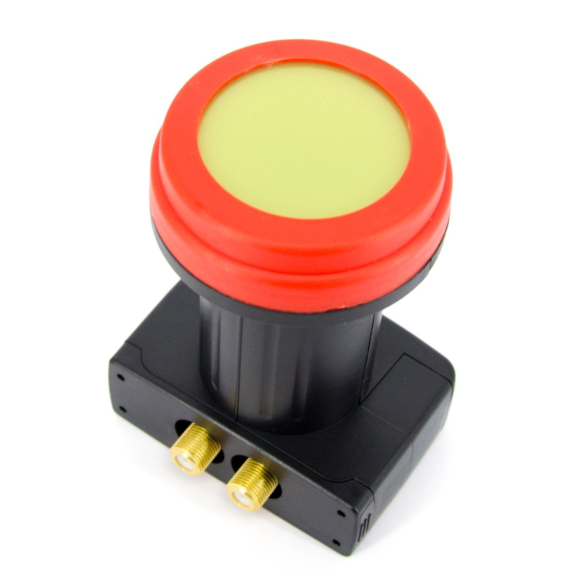 Schwarzer LNB-Satellitenempfänger mit rotem Ring und gelbem Zentrum.