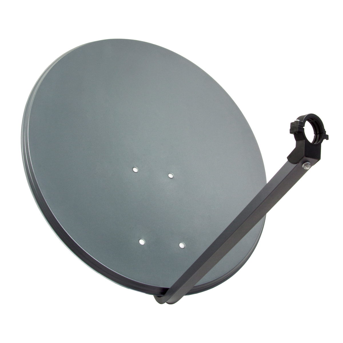 Eine graue Satellitenschüssel mit schwarzem Arm und Montagezubehör, isoliert auf weißem Hintergrund.