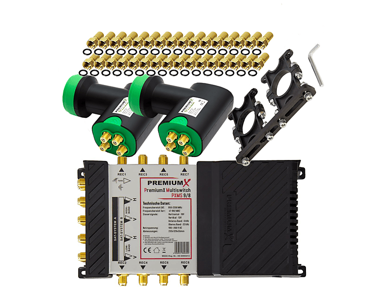 PREMIUMX Multischalter Set 9/8 SAT 2x Green Diamond Quattro LNB Multifeed 32x F-Stecker Sat-Multischalter