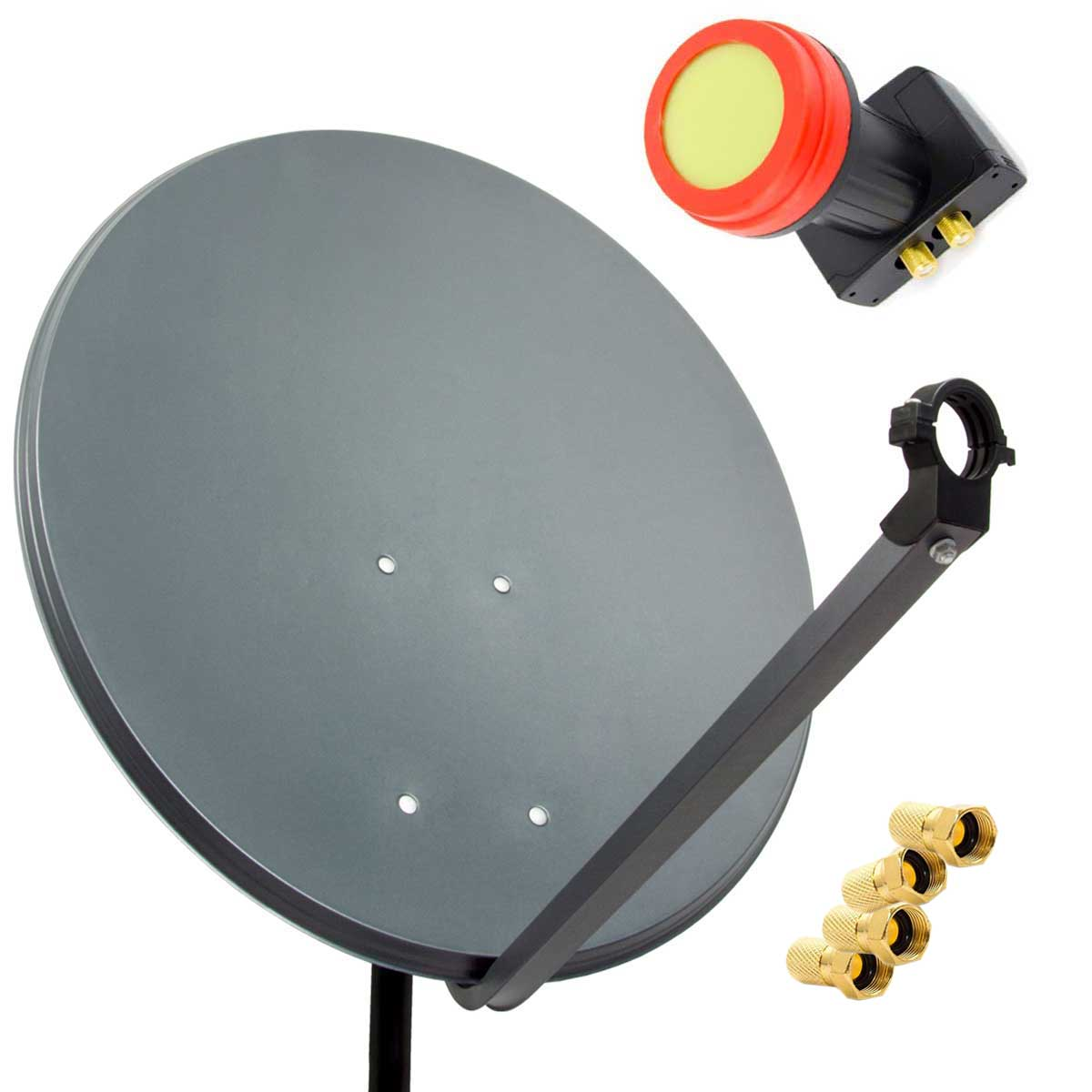 Satellitenschüssel, LNB und Anschlüsse. Graue Schüssel und LNB mit roten und gelben Elementen.