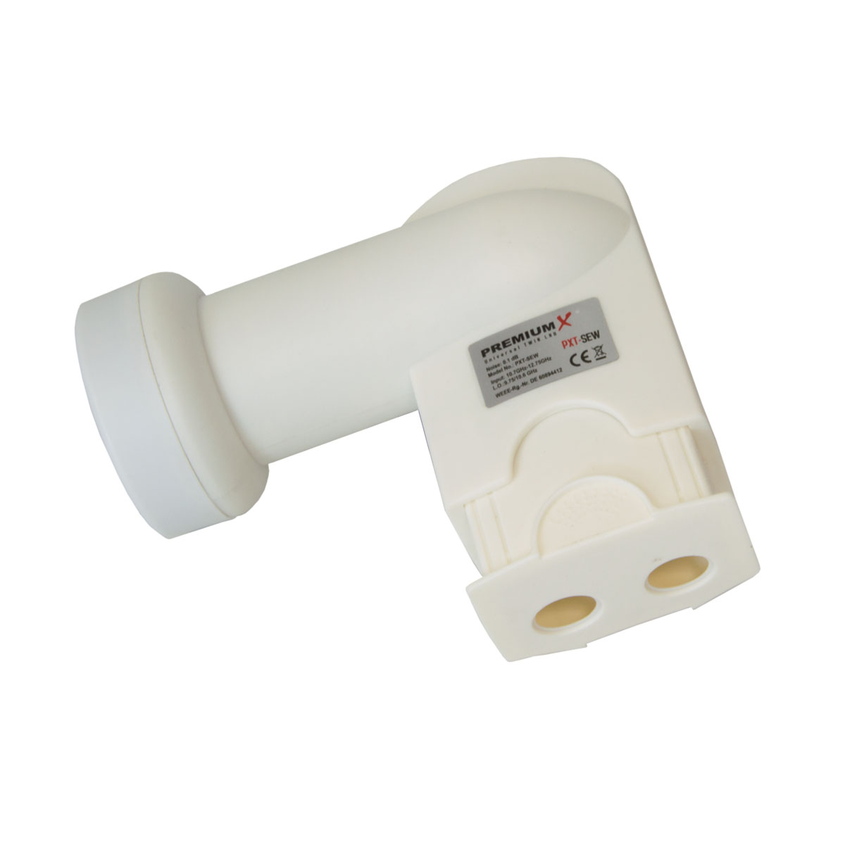Weißer Satelliten-LNB mit zwei Ausgängen. Angesicht. Weißer Hintergrund.