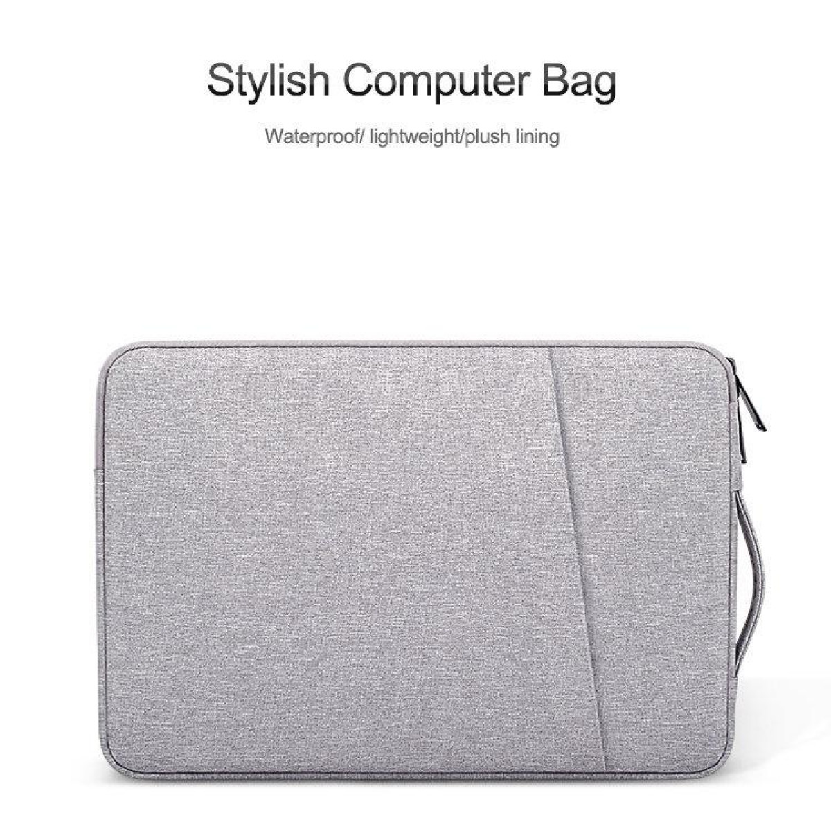 Szara torba na komputer. Tekst brzmi 'Stylowa torba na komputer' i 'Wodoodporna, lekka, pluszowa wyściółka'.