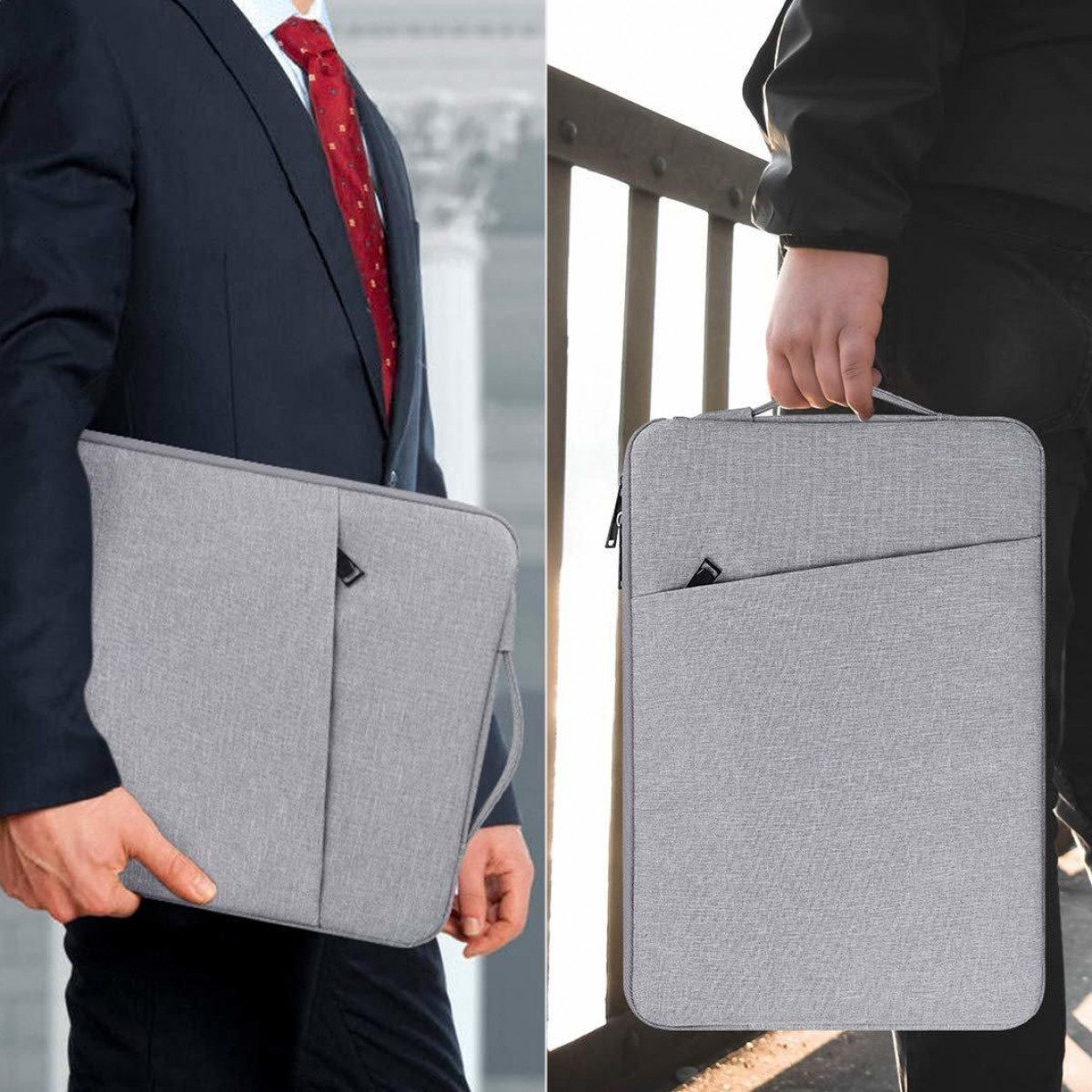 Dwie osoby trzymają jasnoszare etui na laptopa. Jeden w garniturze, drugi w czarnej kurtce. Widoczne uchwyty i zamki błyskawiczne.