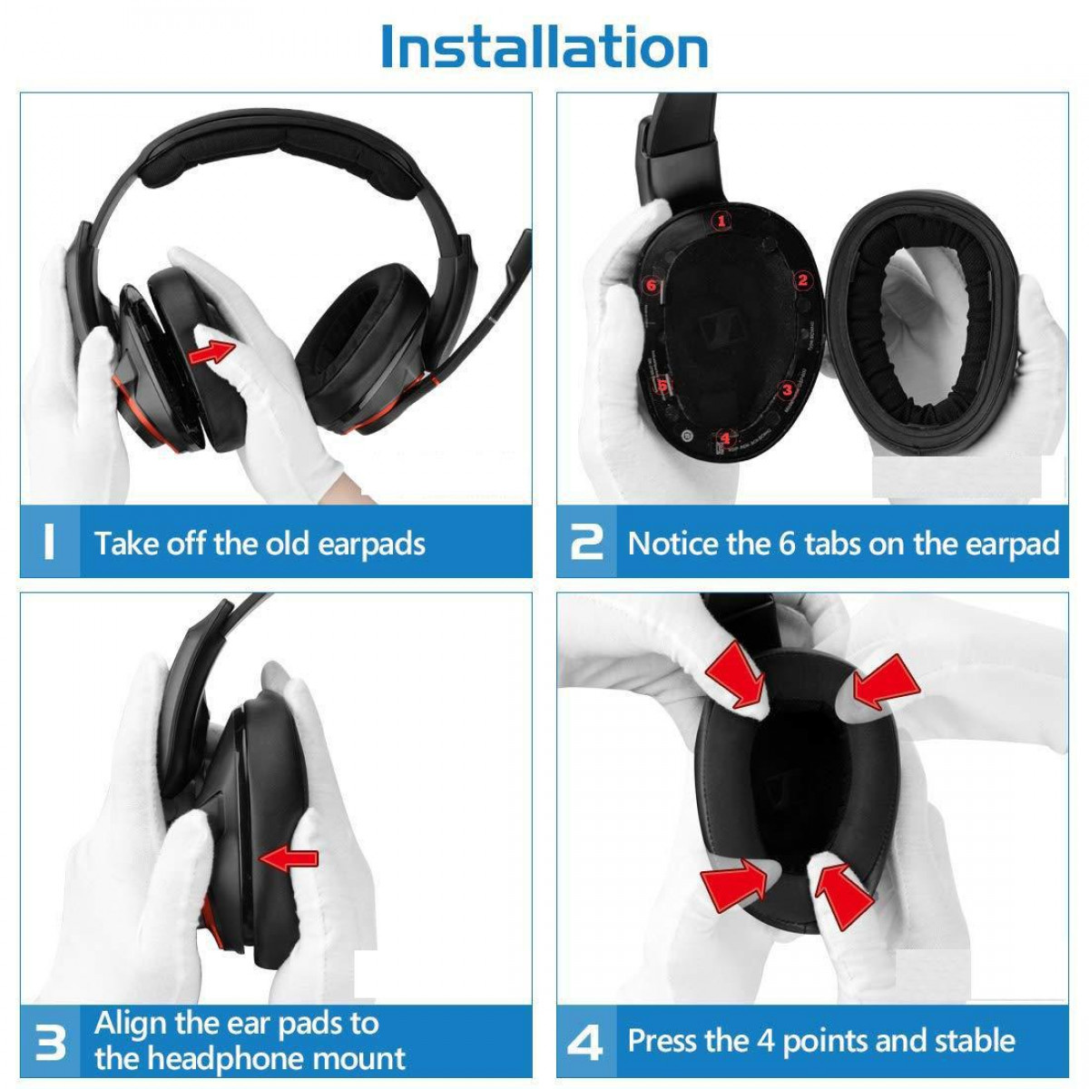 Instrukcja krok po kroku dotycząca instalacji słuchawek. Zdjęcia pokazują zdejmowanie starych nauszników i zakładanie nowych.