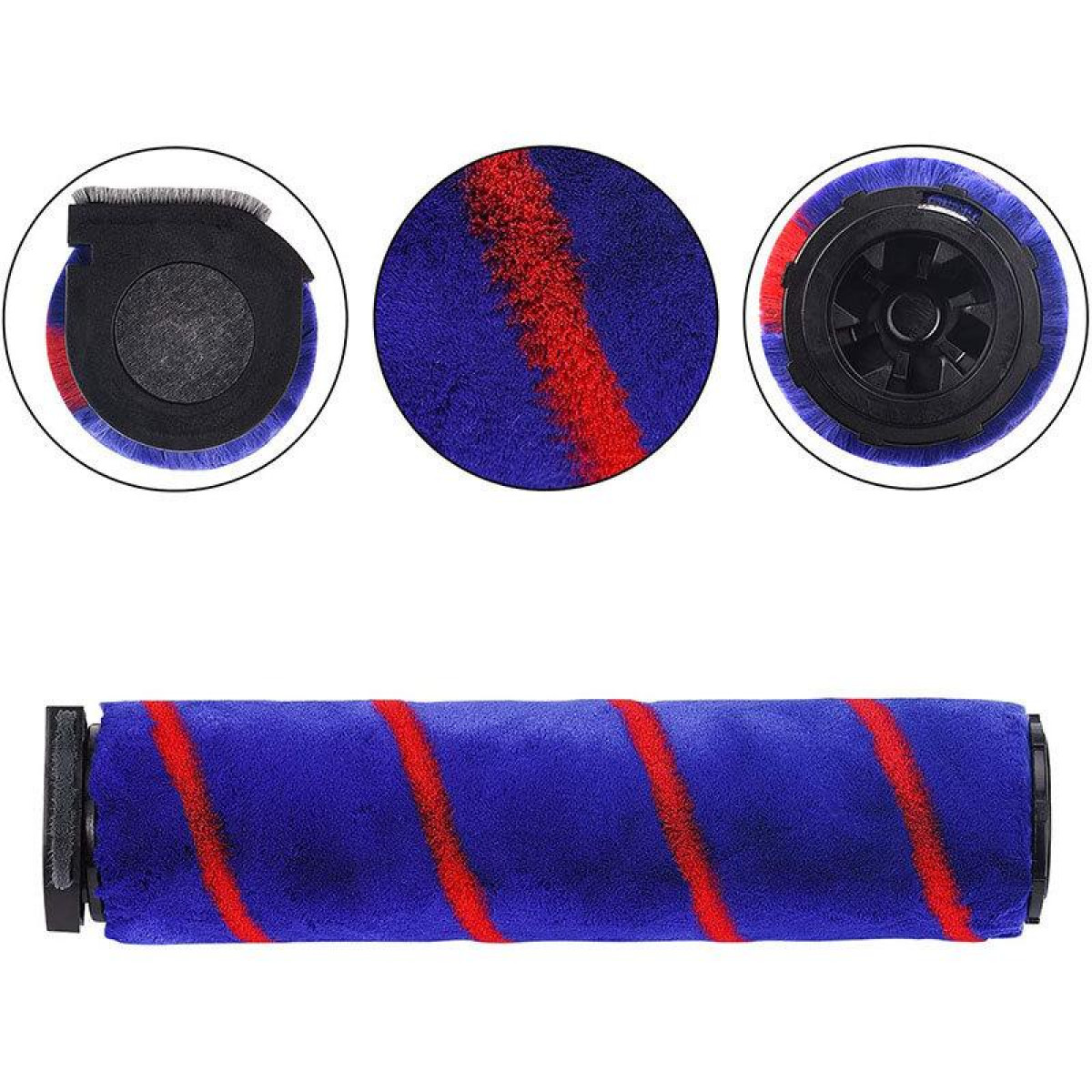 Eine Staubsauger-Walzenbürste mit blau-roten Streifen und Endkappen. Nahaufnahme, Produktaufnahme.