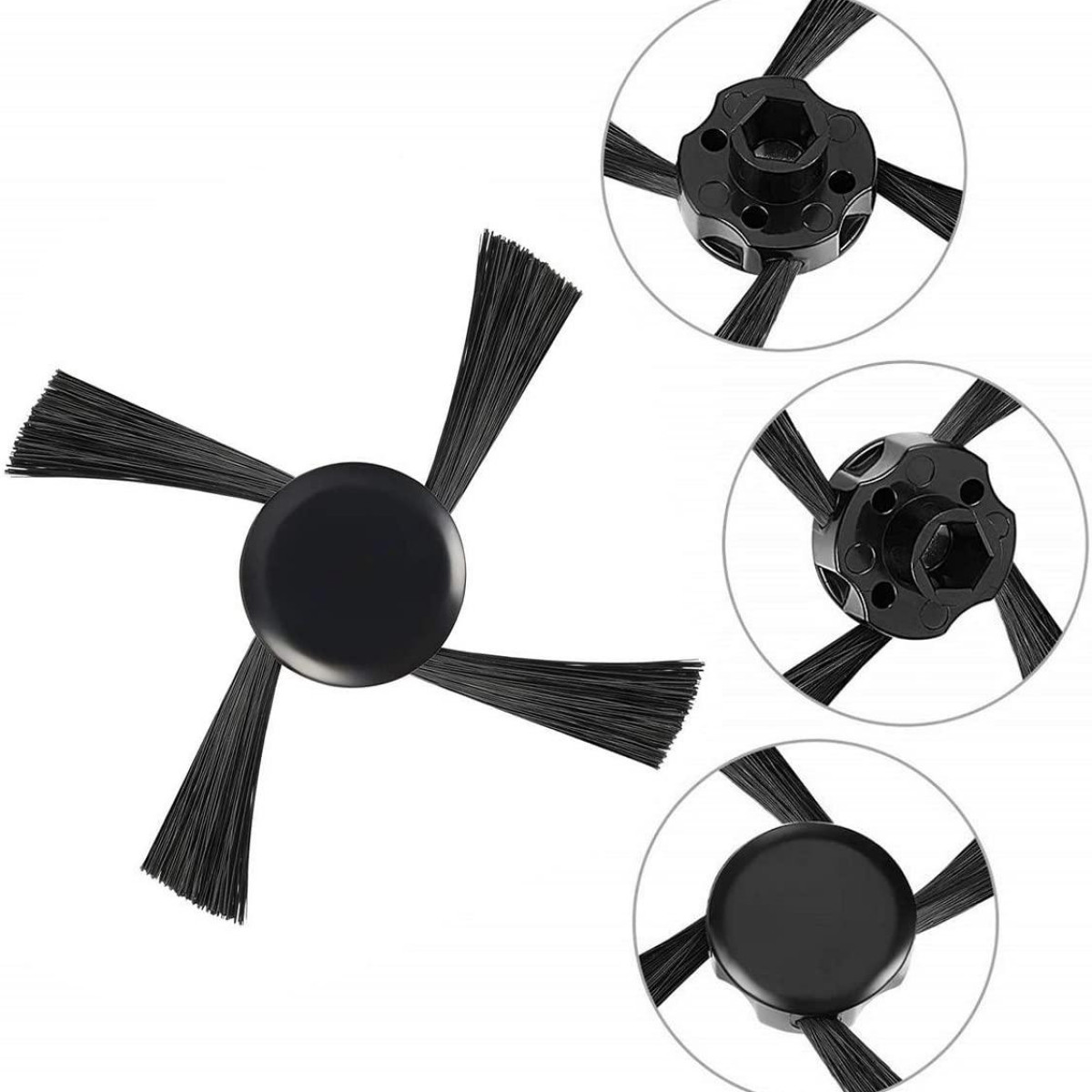 Zbliżenie 3 czarnych szczotek do odkurzacza z 3 dodatkowymi widokami szczegółów szczotki.