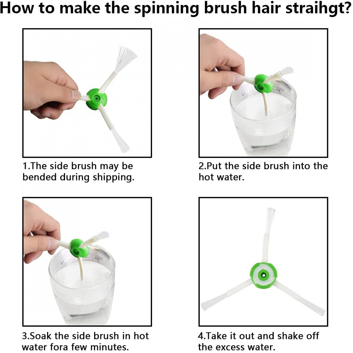 Cztery obrazy ilustrują, jak wyprostować obracającą się szczotkę dla robota czyszczącego. Każdy krok pokazuje szczotkę w wodzie.