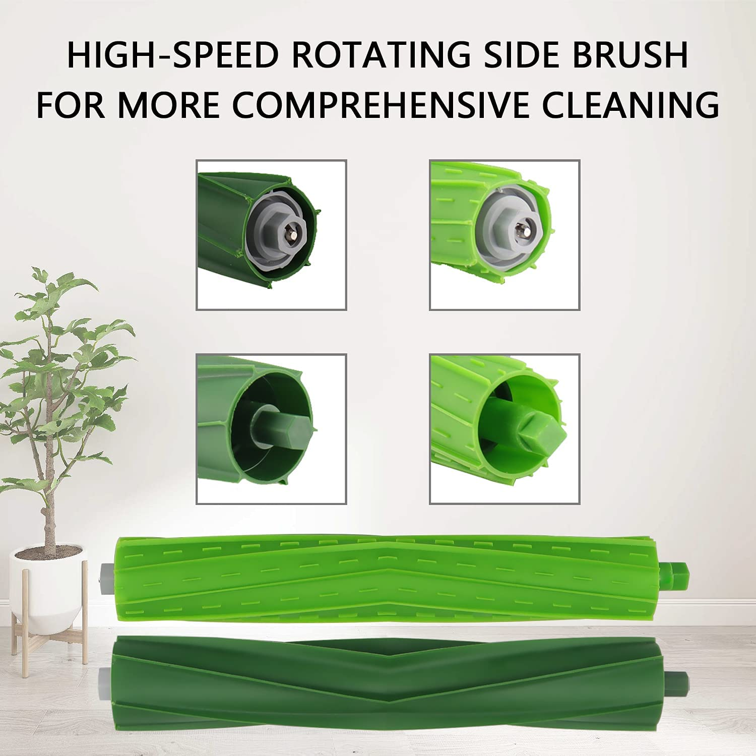 Zielona szczotka czyszcząca do robota odkurzającego. Cztery zbliżenia elementów szczotki.