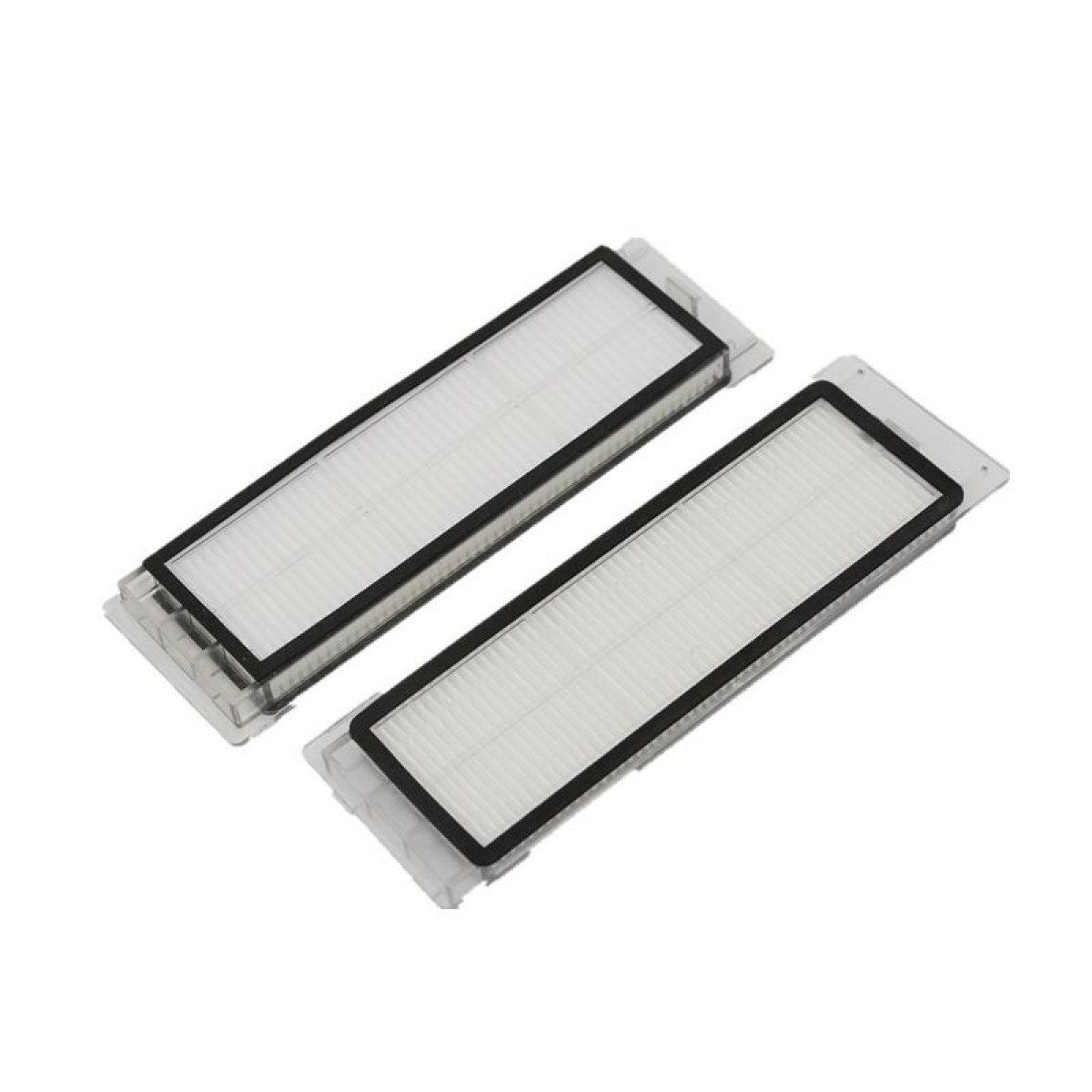 Dwa białe filtry do odkurzacza. Każdy ma czarną ramkę.