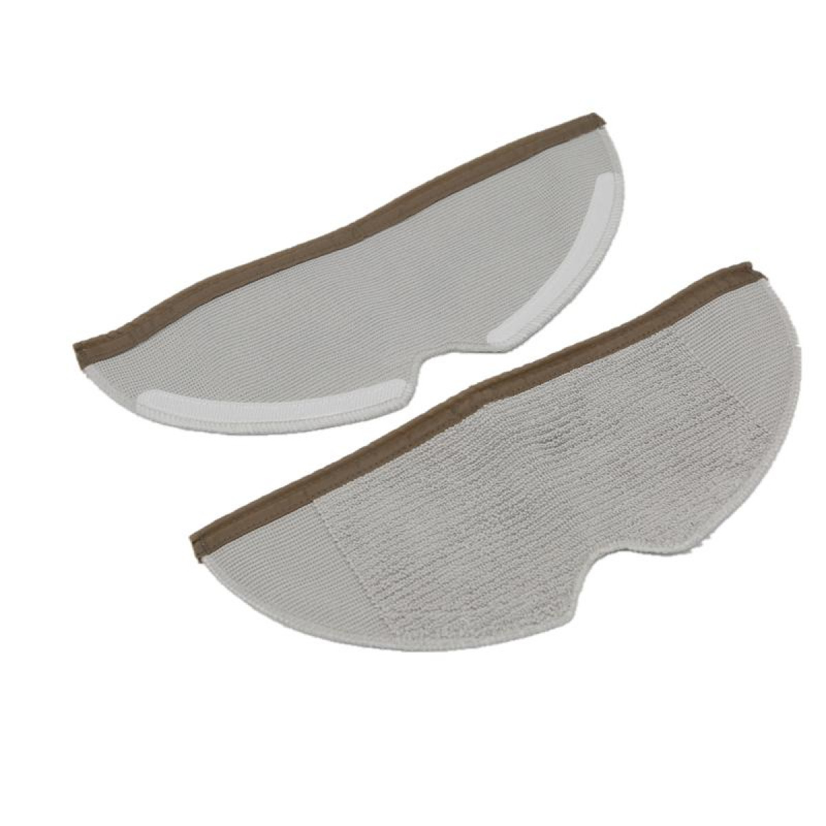 Dwie biało-brązowe nakładki do mopa na białym tle.