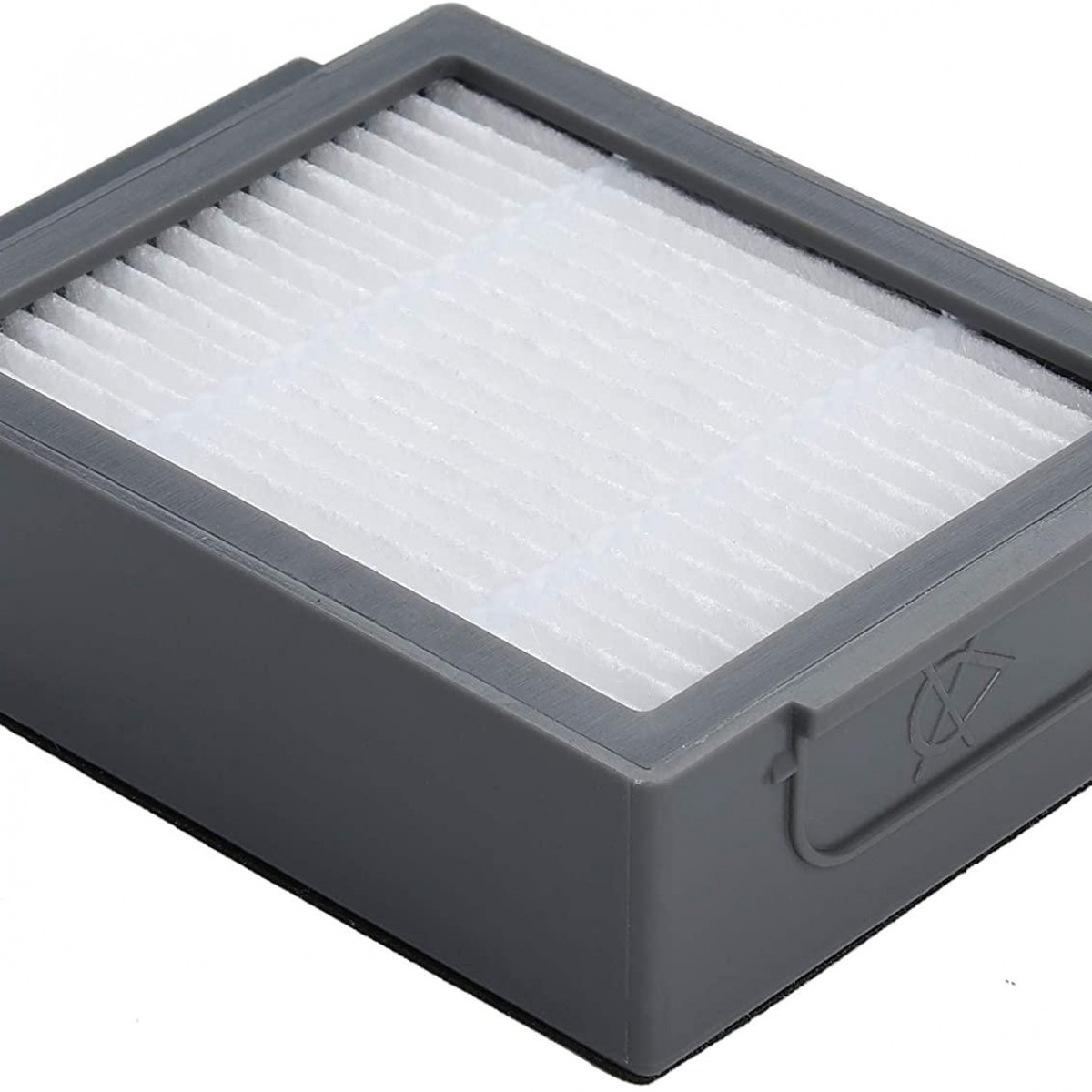 Ein grauer rechteckiger Luftfilter mit einem weißen plissierten Filter im Inneren. Der Filter hat einen Griff.