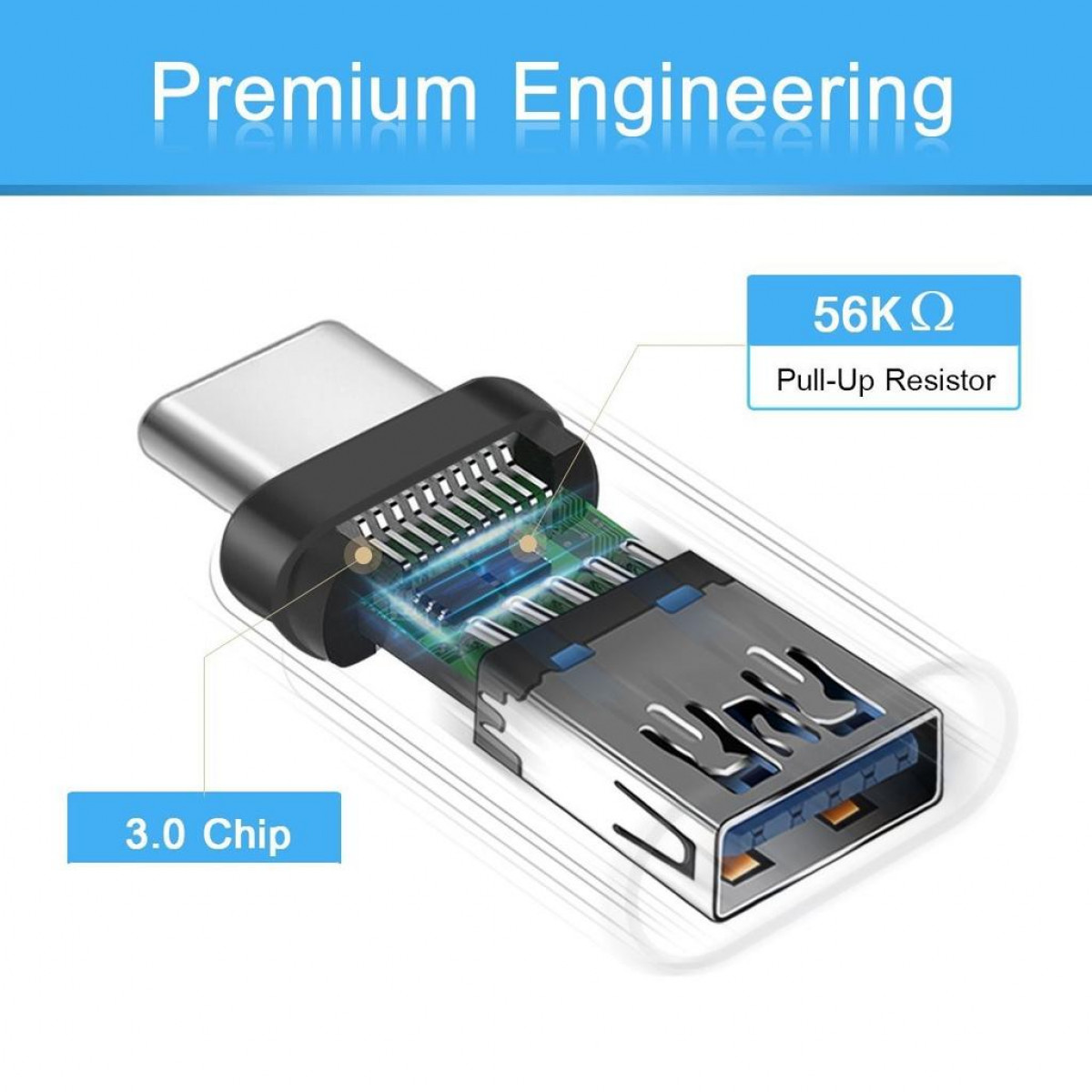 Ein USB-C-Anschluss mit einem 3.0-Chip und einem 56 kΩ Pull-up-Widerstand, der Premium-Engineering zeigt.