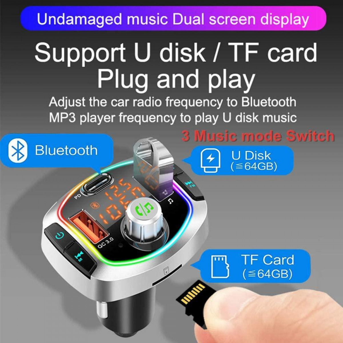 Auto-MP3-Player mit USB- und TF-Kartensteckplätzen, Bluetooth und Bildschirm.