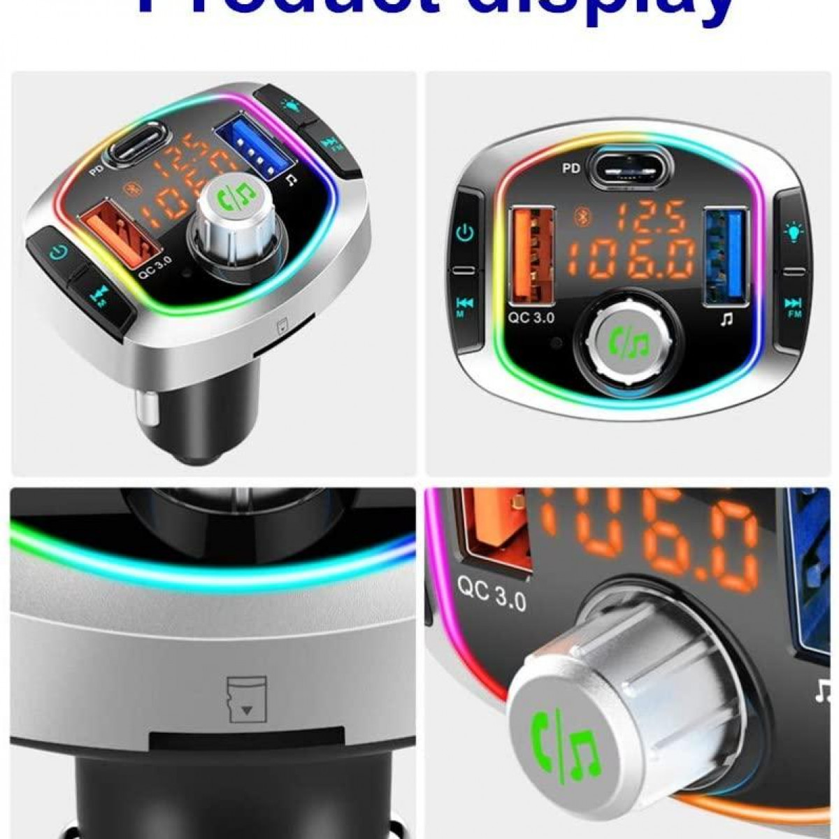 Ein Autoladegerät mit mehreren USB-Anschlüssen, beleuchtet in verschiedenen Farben und einem Digitaldisplay.