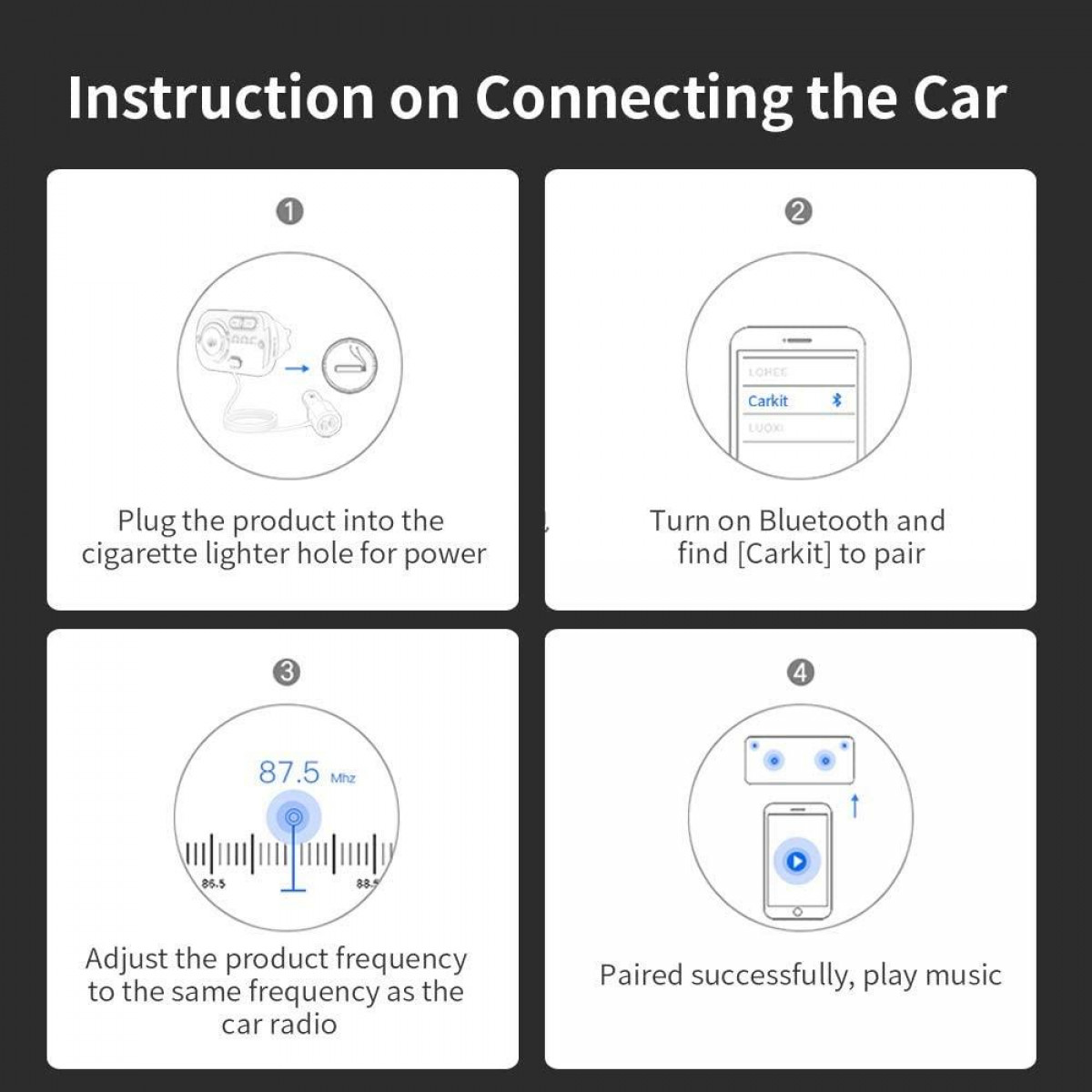 Instrukcje dotyczące podłączania urządzenia samochodowego: podłącz do zapalniczki, znajdź CarKit na Bluetooth i dostosuj częstotliwość.