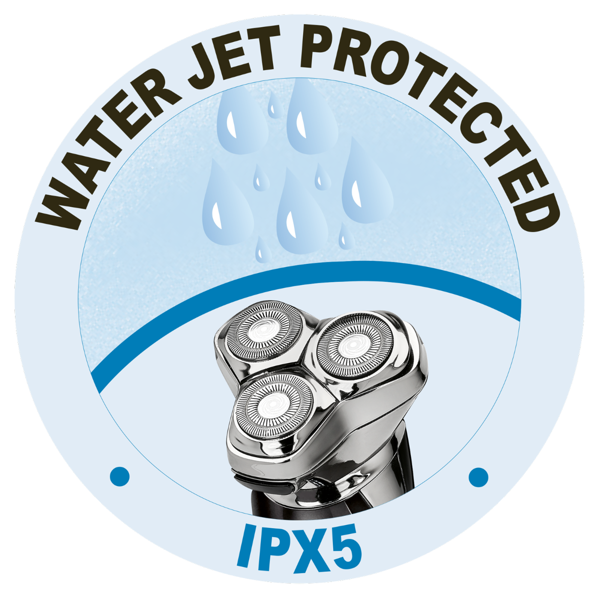 Głowica golarki elektrycznej, ze znakiem Water Jet Protected.