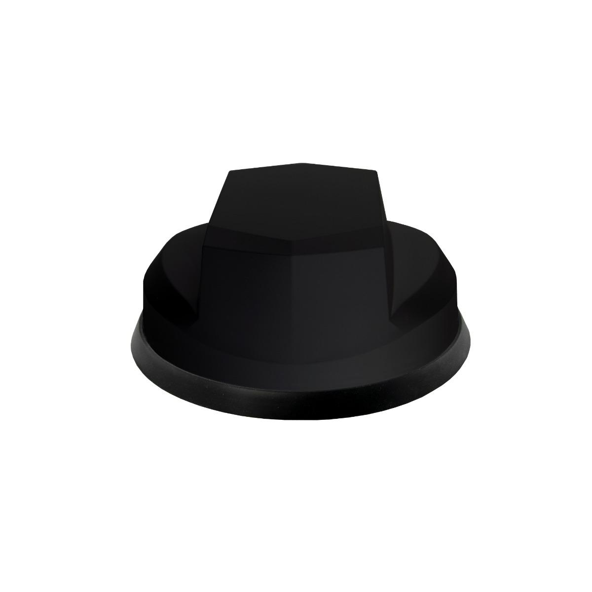 Schwarze, aerodynamisch aussehende Antenne. Sie ist flach und auf einem Sockel montiert.