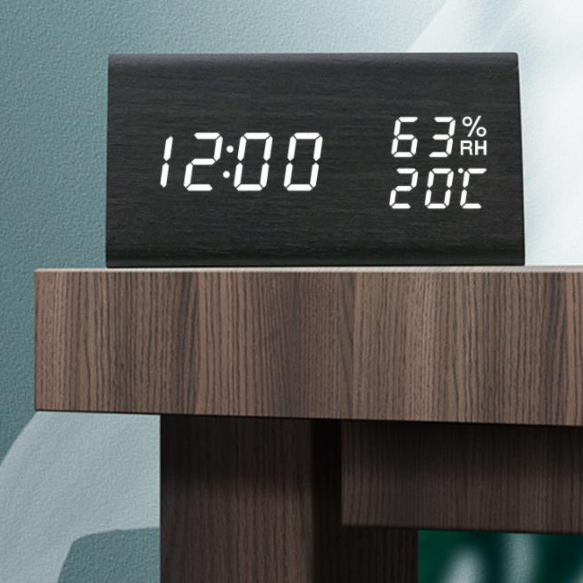 Wecker LED Holz, Luftfeuchtigkeitsanzeige mit Wecker aus und INF LED Temperatur-