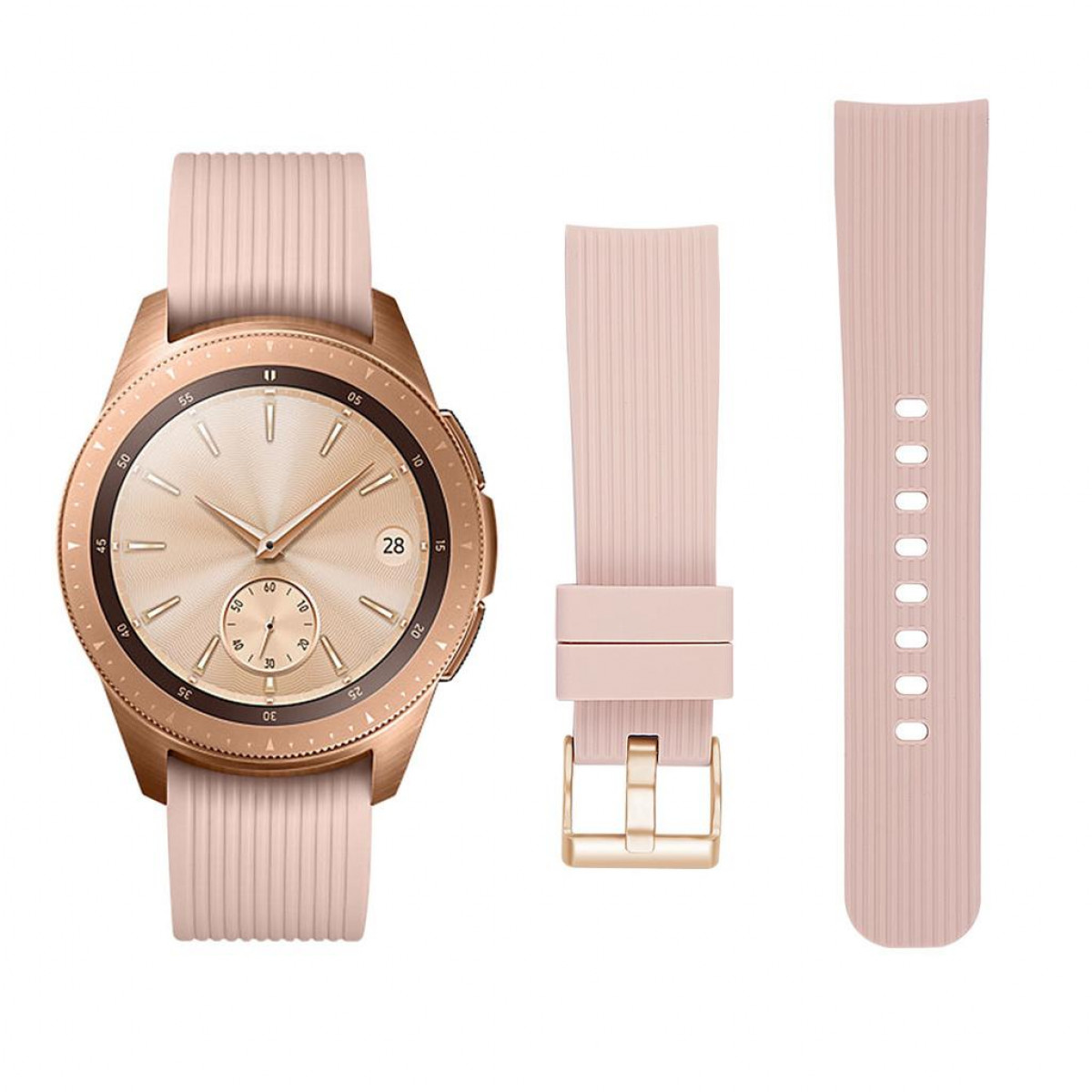 Roségoldene Smartwatch mit pinkfarbenem Armband und zusätzlichem Armband. Isoliert auf Weiß.