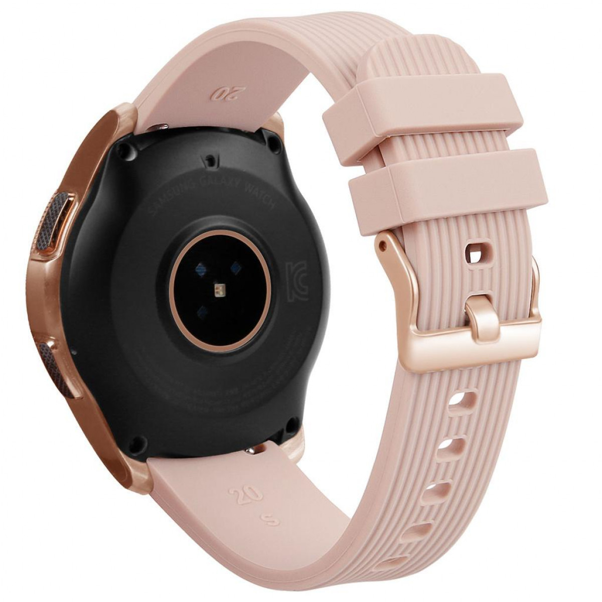 Eine roségoldene Samsung Galaxy Watch mit einem rosa Armband und Blick auf die Rückseite.