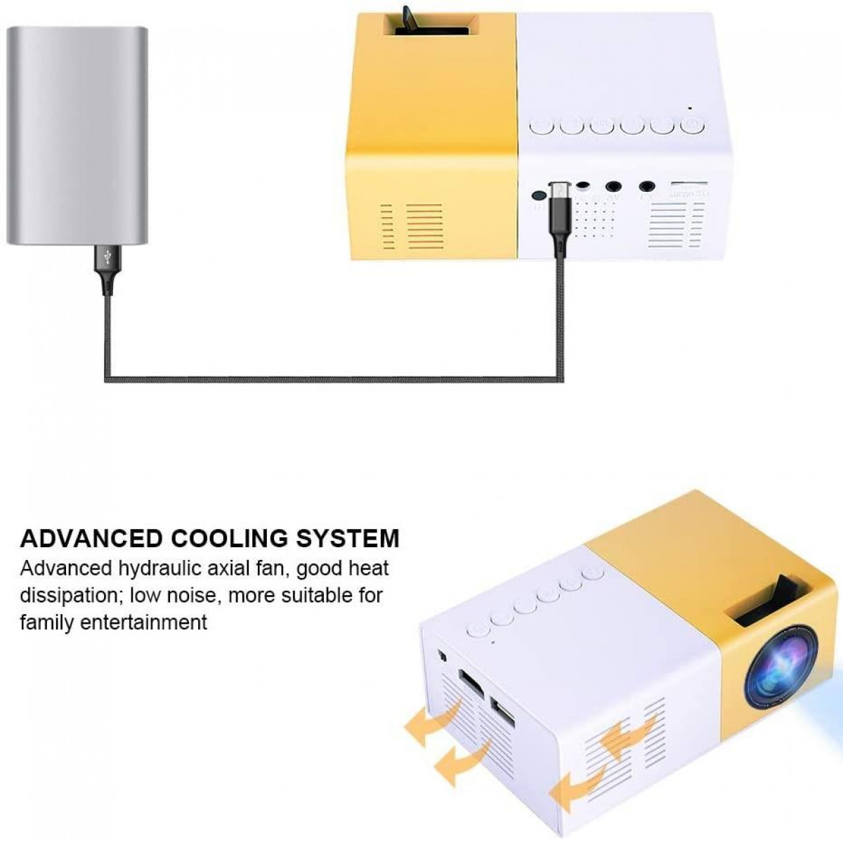Mini proyector con diseño blanco y amarillo y banco de energía.