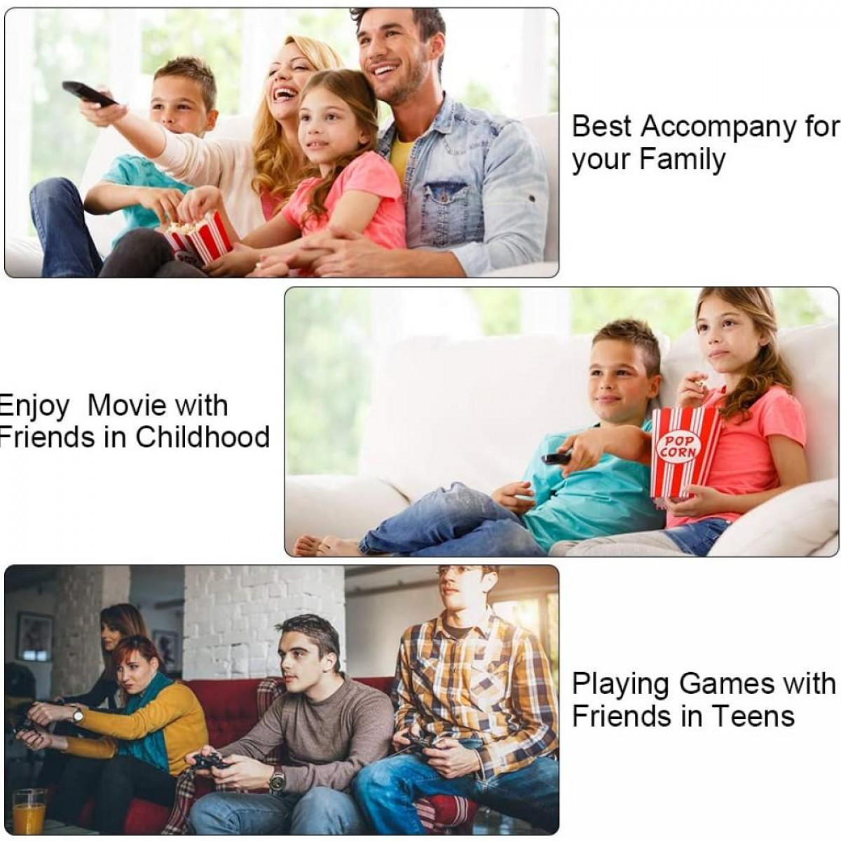 Tres imágenes: familia viendo la tele, amigos comiendo palomitas, adolescentes jugando. Textos describen escenas.