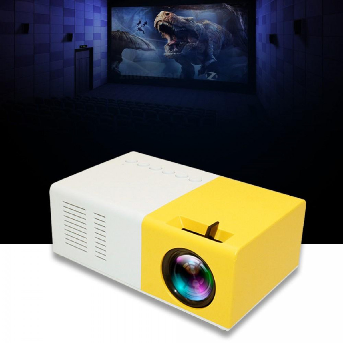 Un pequeño proyector blanco y amarillo que proyecta una película de dinosaurios en una pantalla.