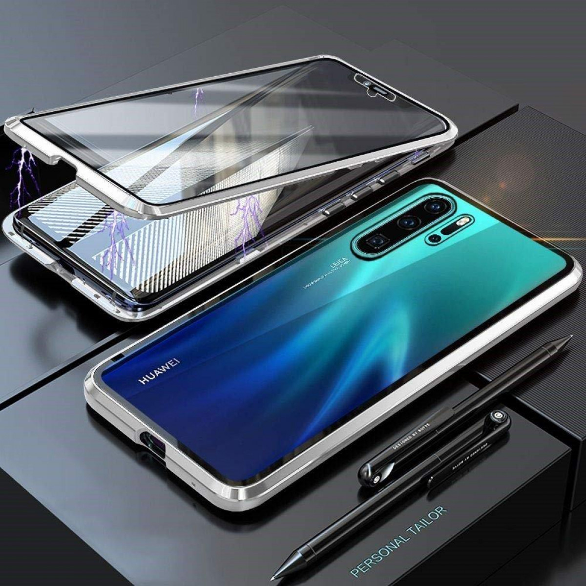INF Huawei P30 Pro Full silbernem Handyhülle Cover, Pro, Huawei, Glas, Rahmen transparent mit magnetisch P30