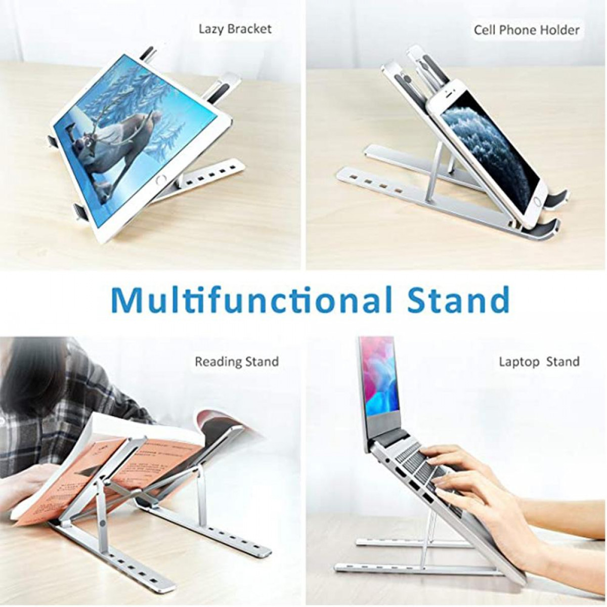 Support multifonctionnel. Pour tablette, téléphone, livre et ordinateur portable. Argenté sur fond blanc.
