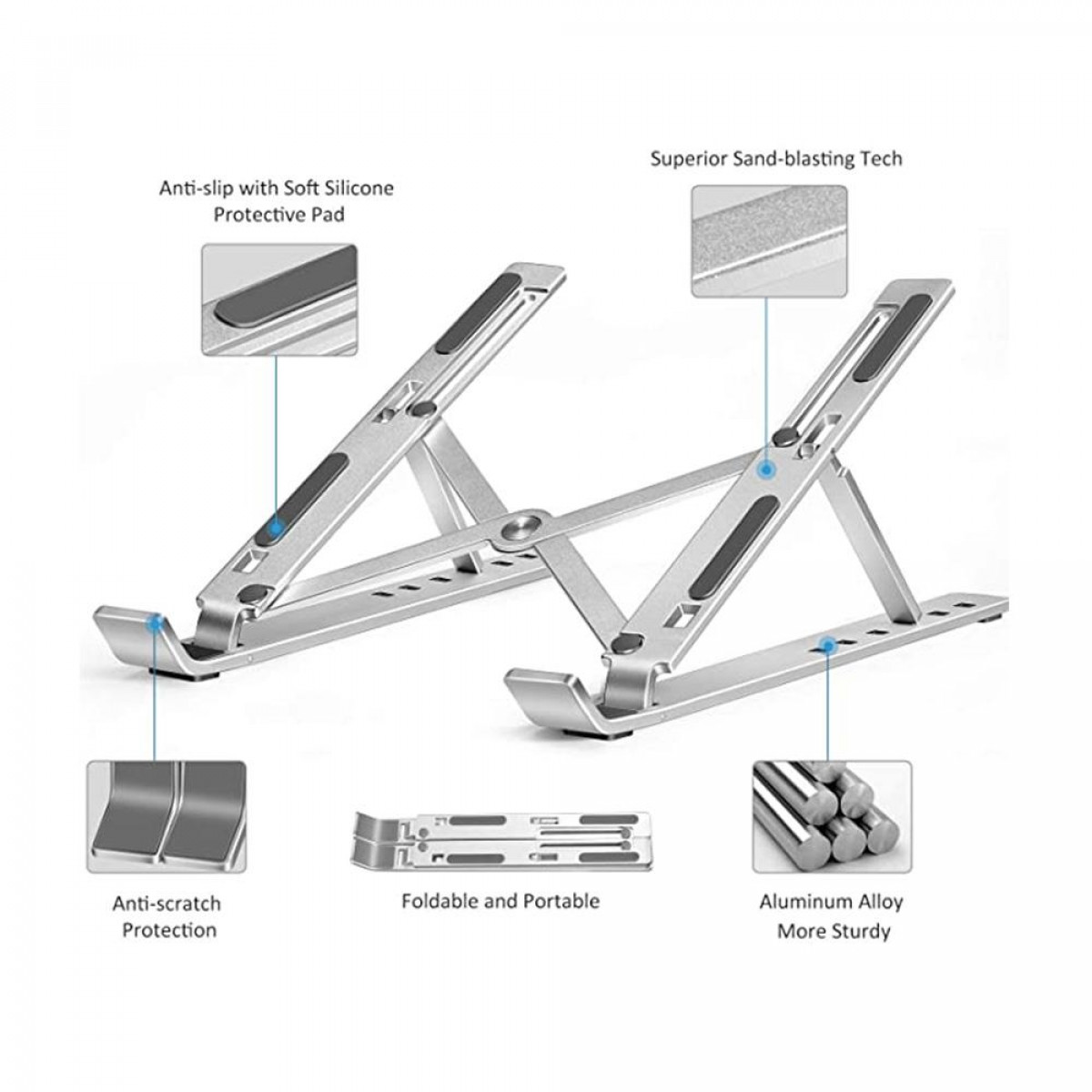 Support d'ordinateur portable argenté avec un design pliable, les caractéristiques anti-rayures et antidérapantes sont mises en évidence.