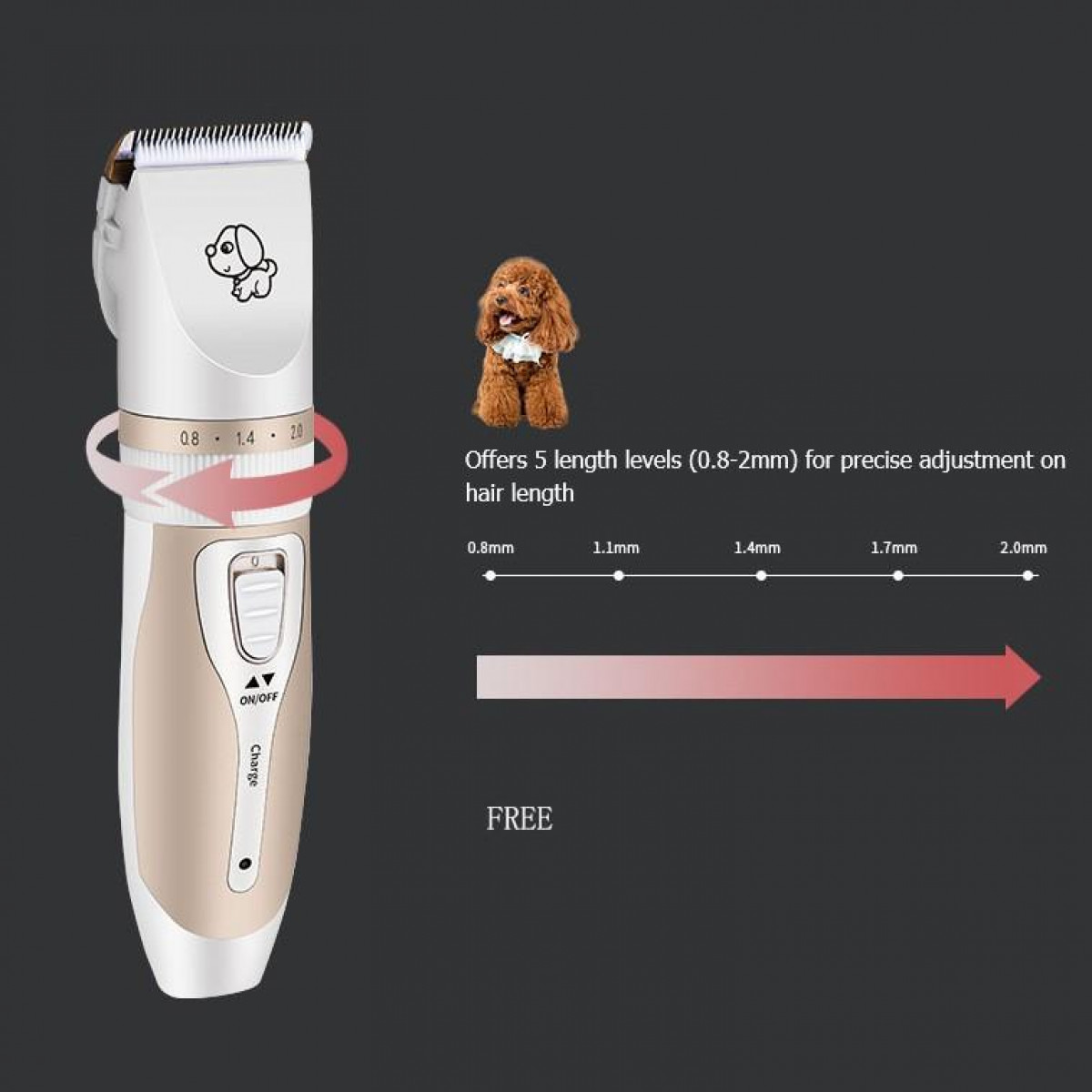 Maszynka do strzyżenia psów z ustawieniami długości, ikoną psa i tekstem. Pokazano małego psa. Ciemne tło.
