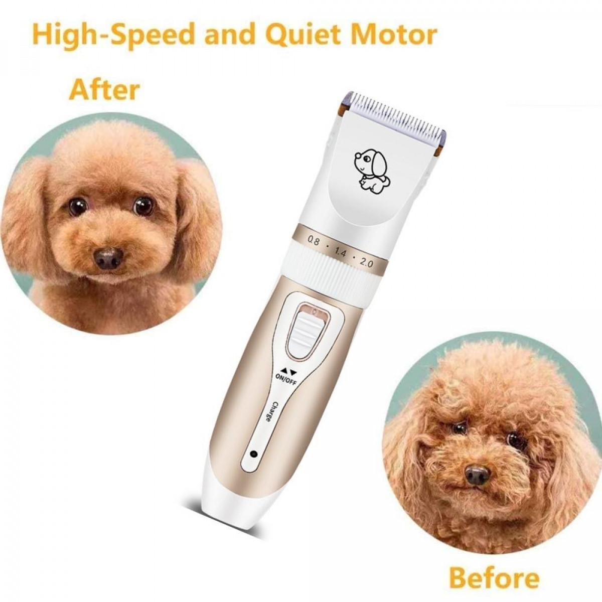 Zestaw do pielęgnacji zwierząt z psem przed i po pielęgnacji. Narzędzie do pielęgnacji znajduje się pośrodku.