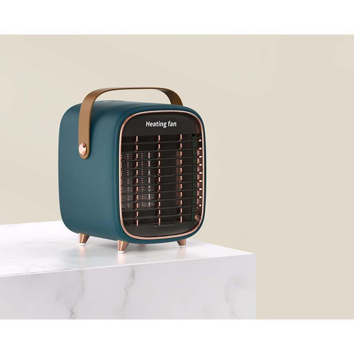 Niebiesko-brązowy wentylator grzewczy na białej marmurowej powierzchni. Brązowy uchwyt na górze.