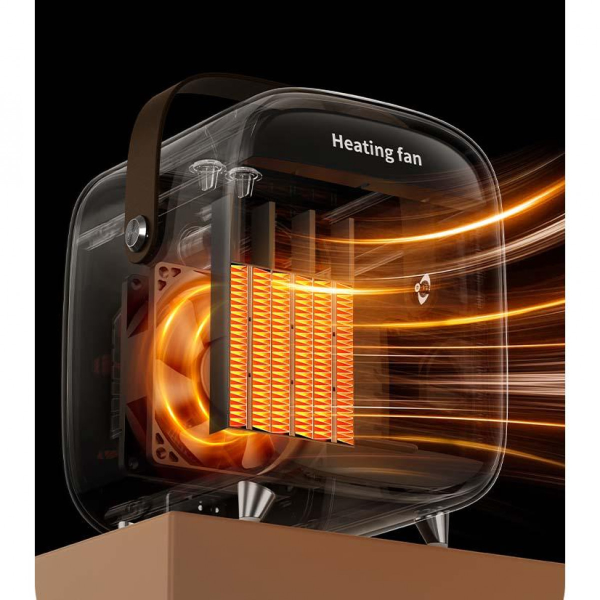 Przezroczysty wentylator grzewczy z uchwytem, ​​pokazujący element grzejny i konstrukcję wewnętrzną.