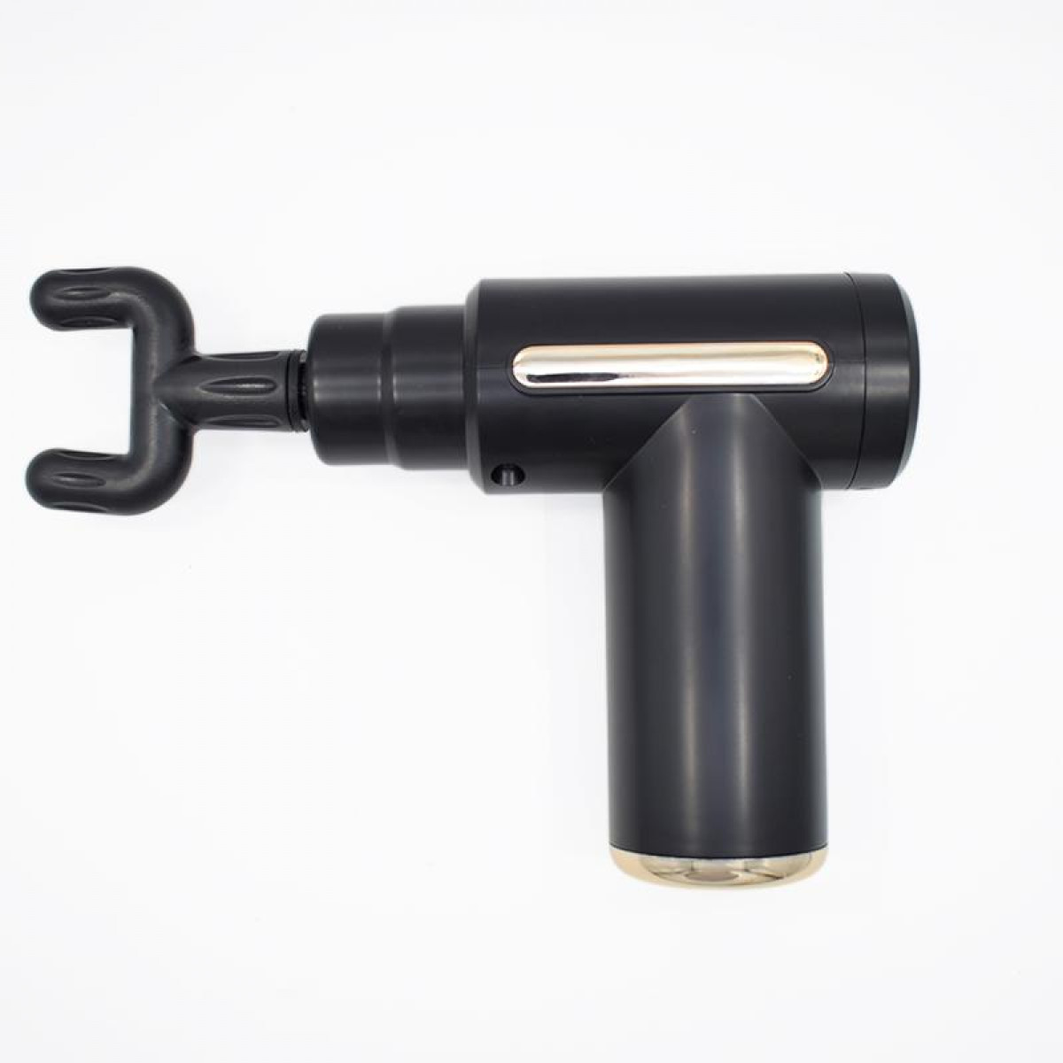 Czarny pistolet do masażu na białym tle. Ma nasadkę w kształcie widelca.