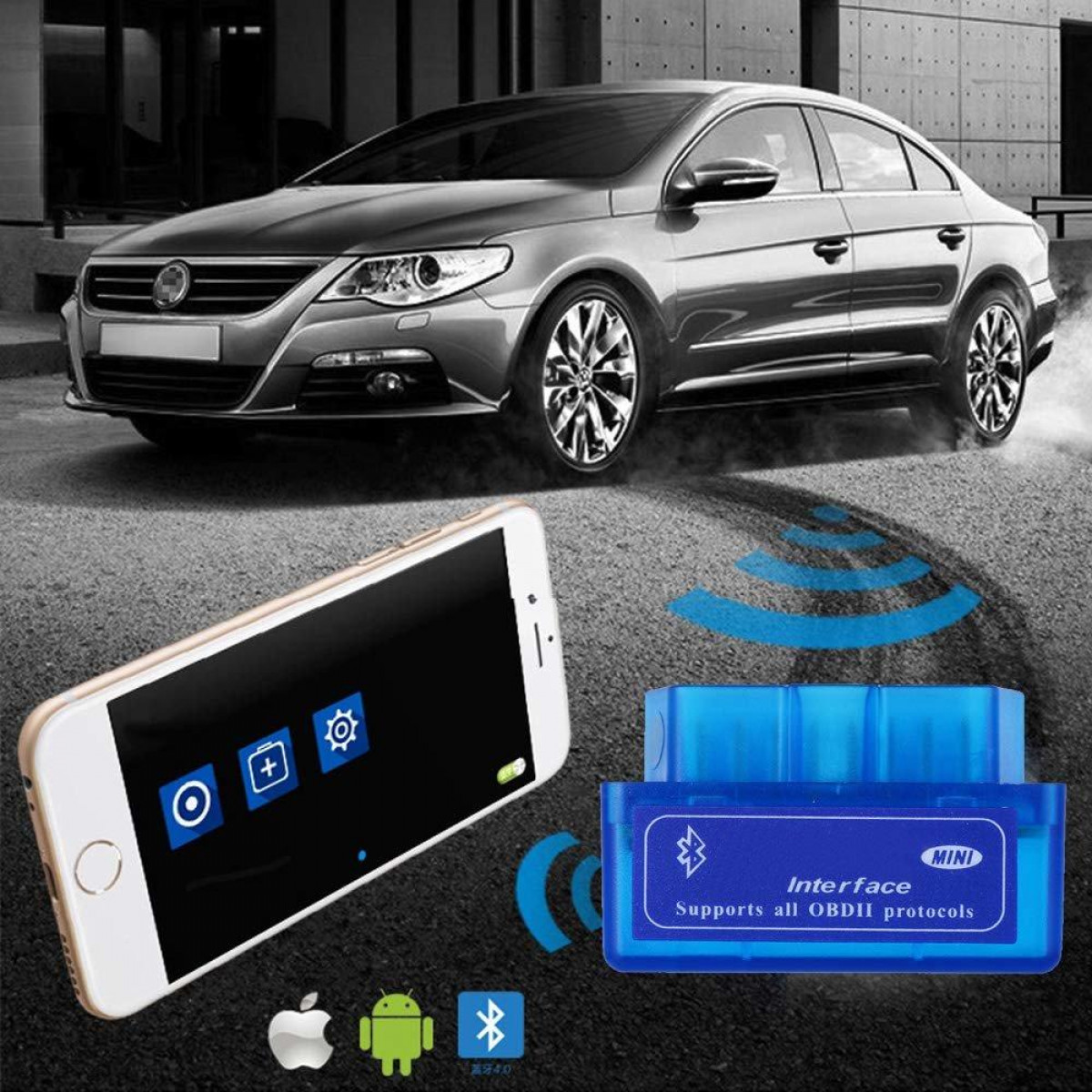 Coche plateado y smartphone con app de coche. Dispositivo OBDII azul en primer plano.