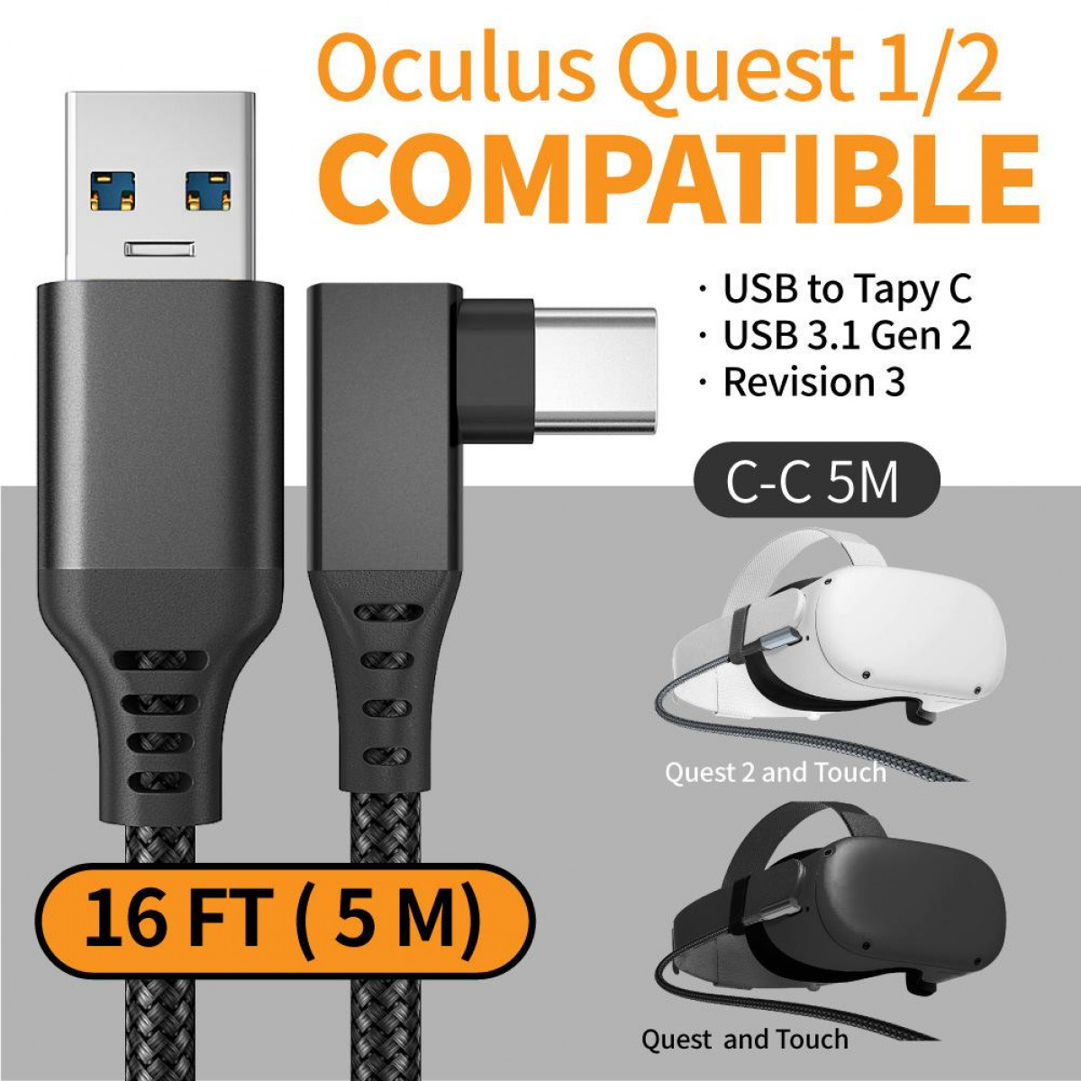 Kabel USB do Oculus Quest 1/2. Ma długość 16 FT (5 m) i obsługuje USB do Type C, USB 3.1 Gen 2 i Revision 3.