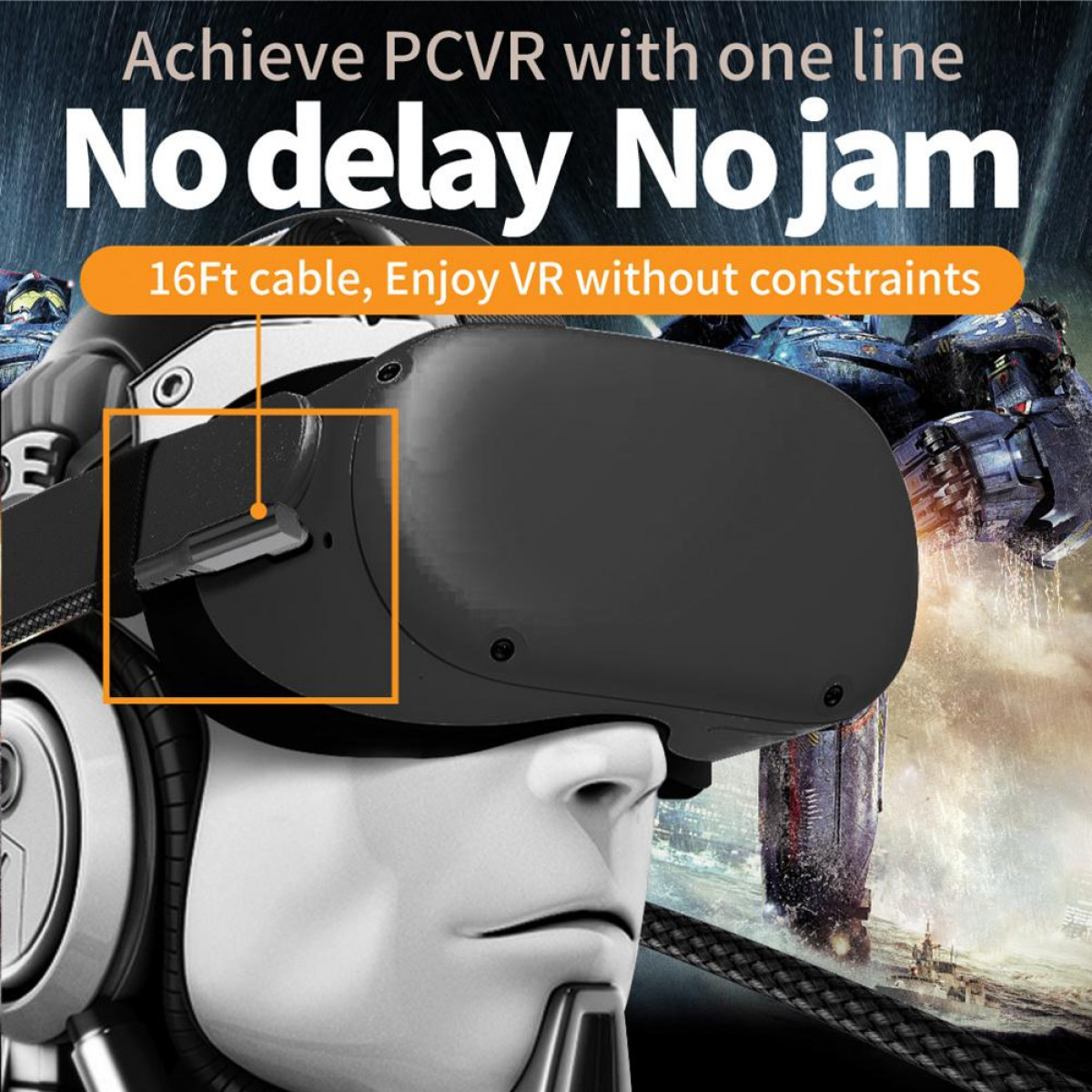 Osoba nosząca zestaw VR. Tekst mówi: Bez opóźnień, bez zakłóceń, kabel 16 stóp.