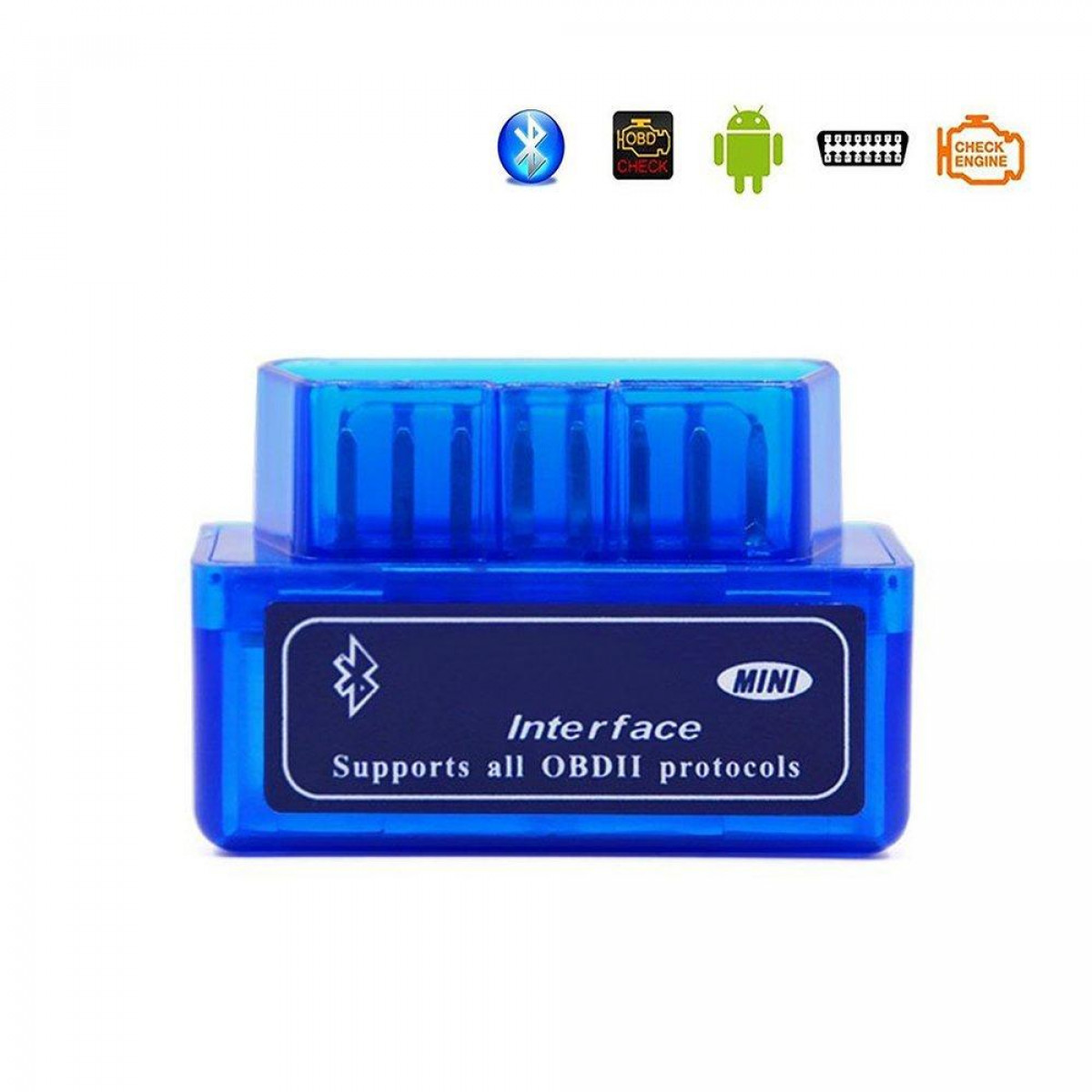 Dispositivo de interfaz OBDII azul con texto y símbolos.