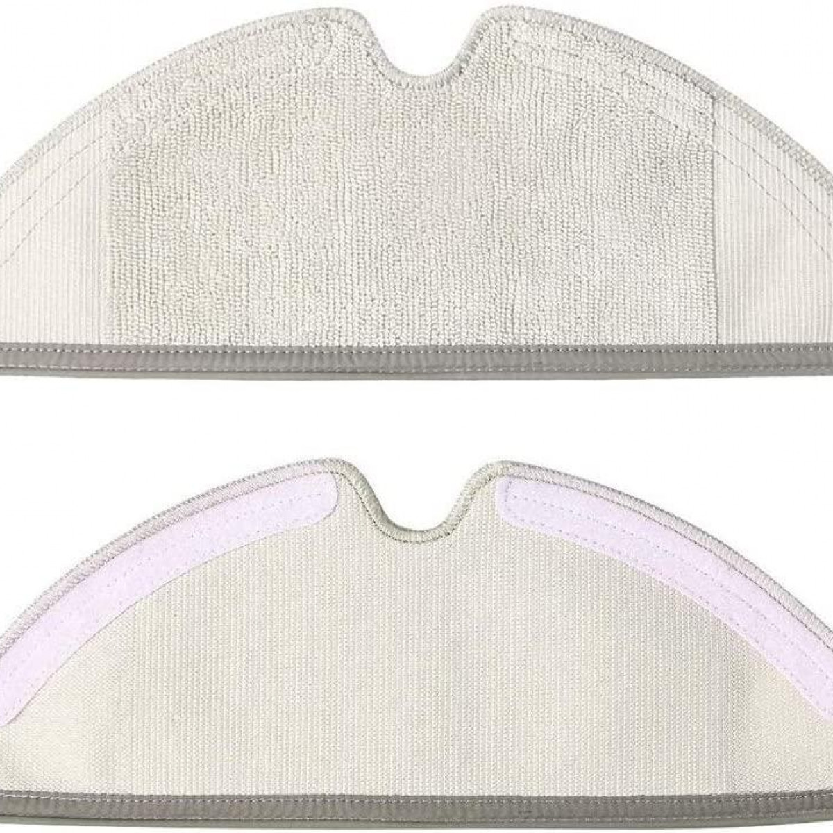 Dwie białe, półksiężycowate nakładki do mopa z szarą obwódką, jedna nad drugą.