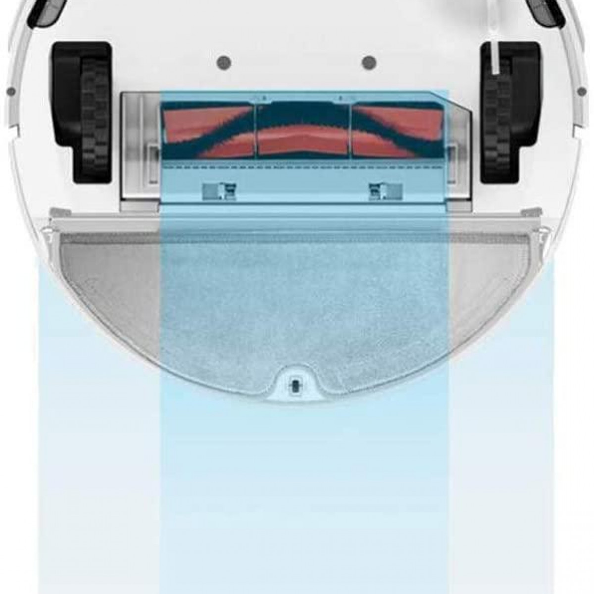 Robot odkurzający, z widokiem od dołu pokazującym szczotki i komorę na kurz.