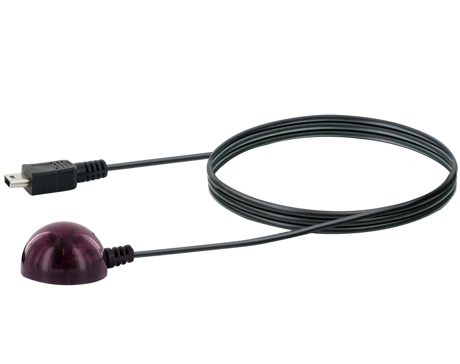 Schwarzes Kabel mit USB-Anschluss und einem dunkelvioletten, abgerundeten Sensor am Ende.