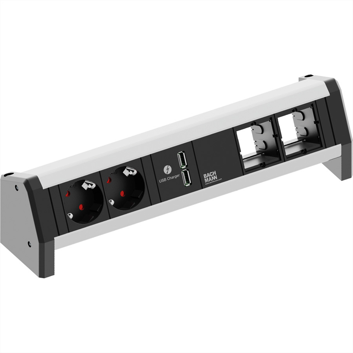 Listwa zasilająca z gniazdami i portami USB. Listwa jest srebrna i czarna.