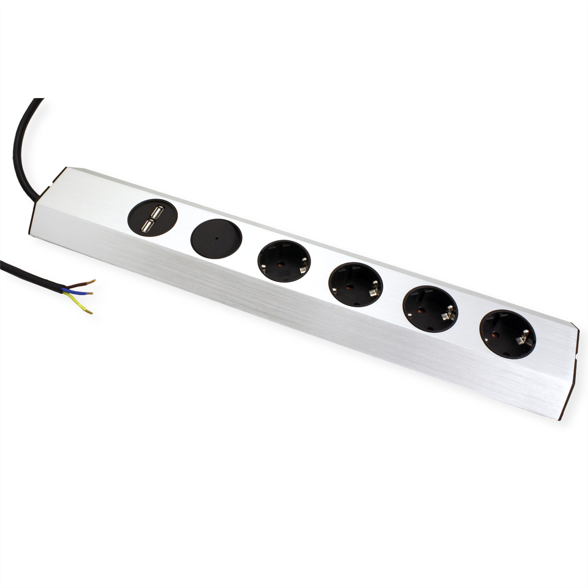 Ciabatta argentata con prese nere e porte USB.