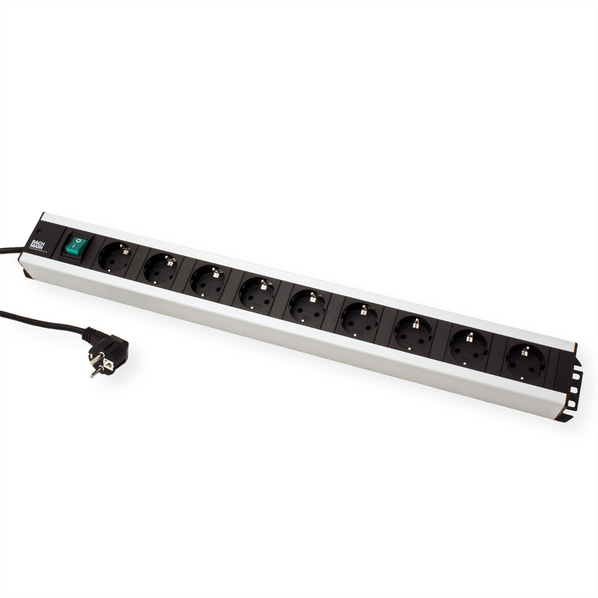 Biały przedłużacz z 8 gniazdami, zielonym przyciskiem zasilania i czarnym przewodem, na białym tle.