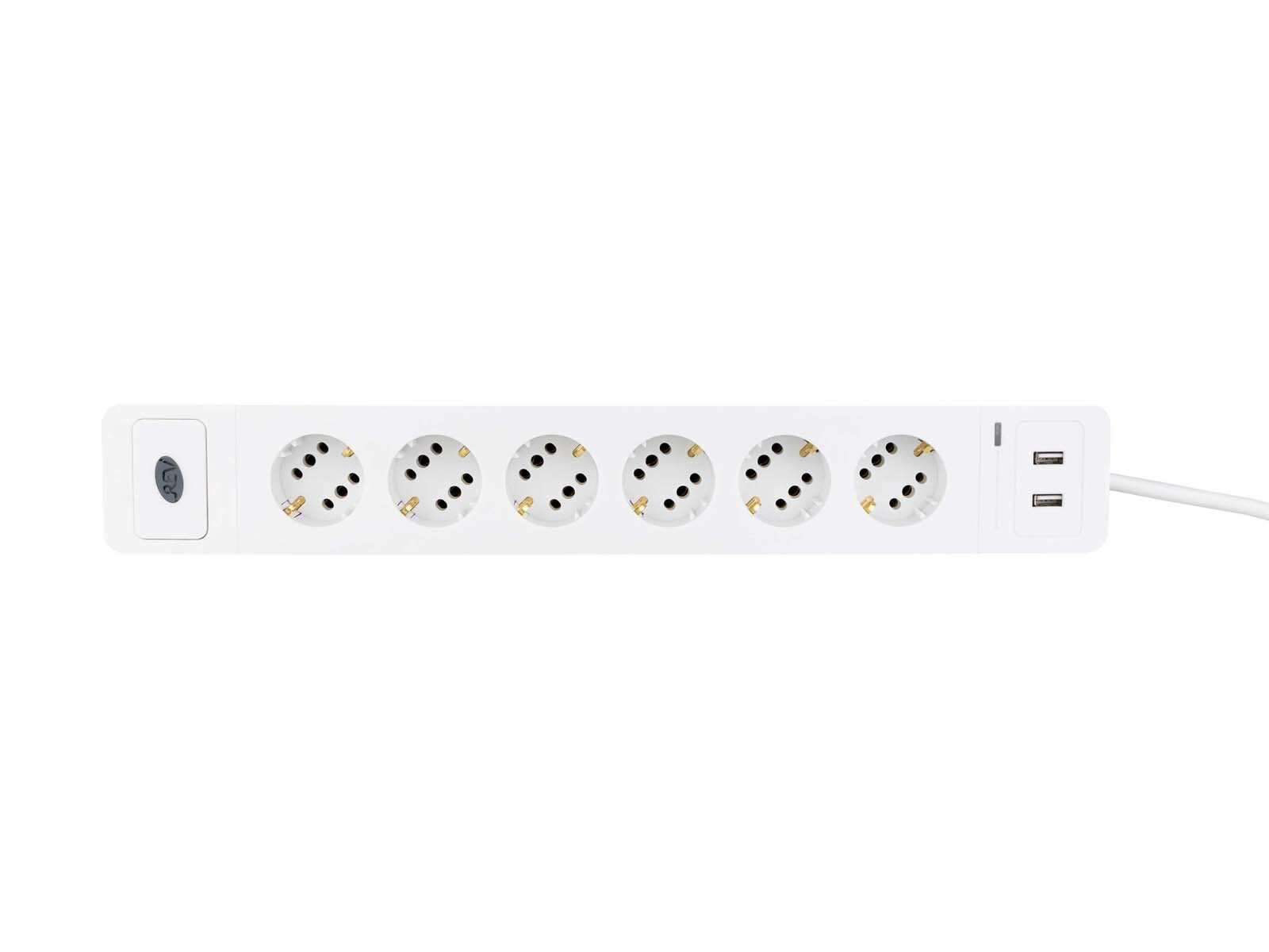 Weiße Steckdosenleiste mit sechs Steckdosen, einem Schalter und USB-Anschlüssen.