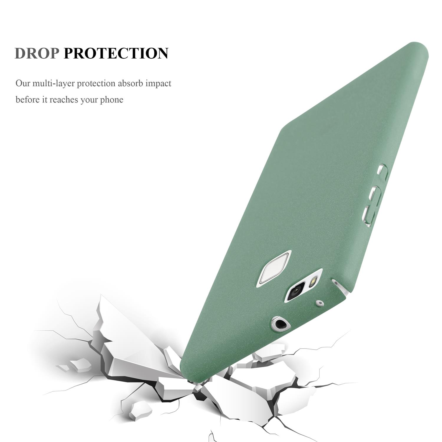 Una custodia verde per telefono sta cadendo, rompendo una superficie. Il testo sopra dice DROP PROTECTION.