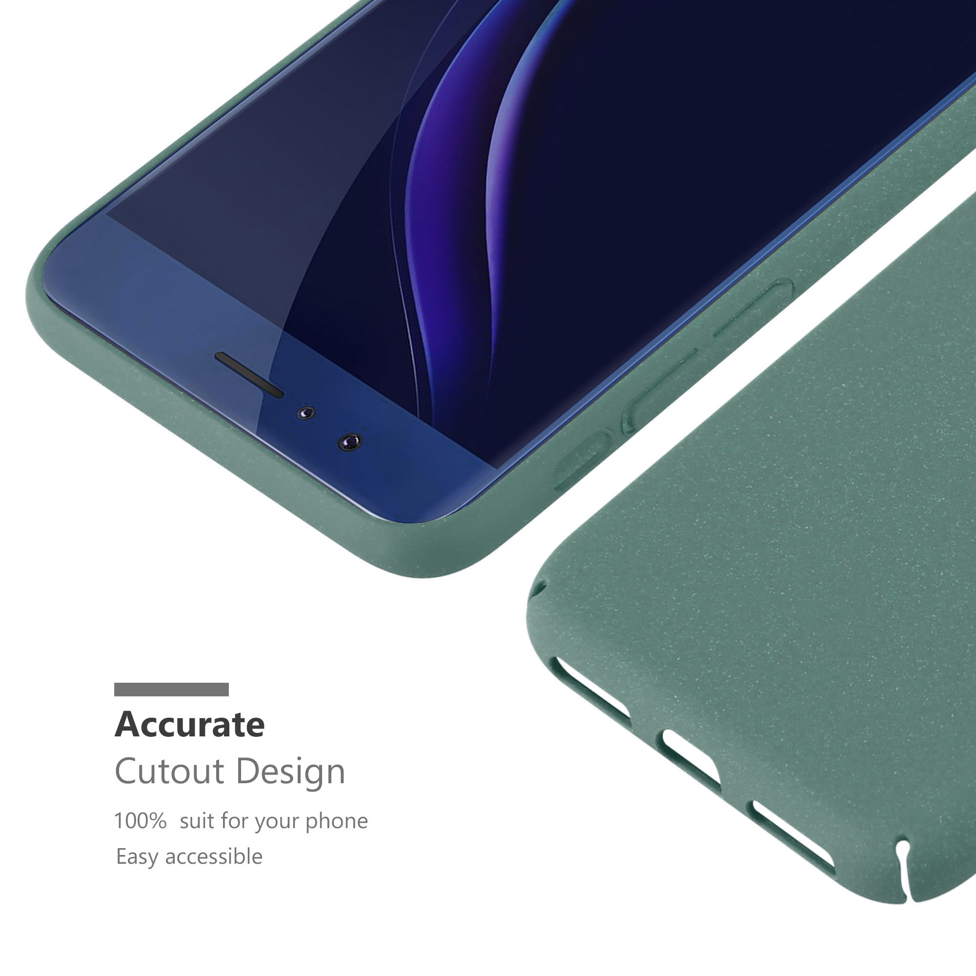 Eine grüne Telefonhülle auf einem Telefon, mit dem Text Accurate Cutout Design.